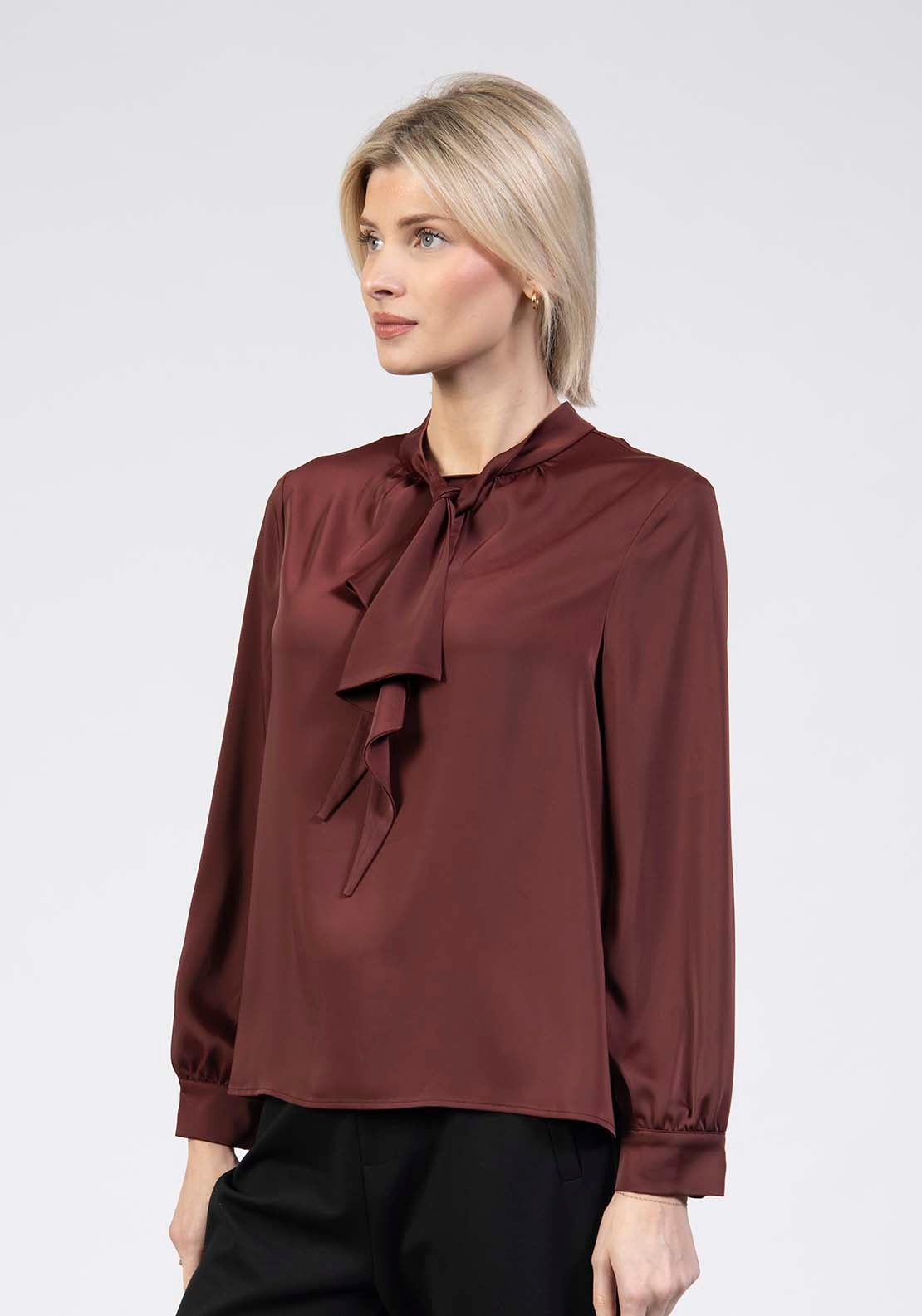 Tea Lane Pussy Bow Satin Blouse - Red 3 Shaws Department Stores