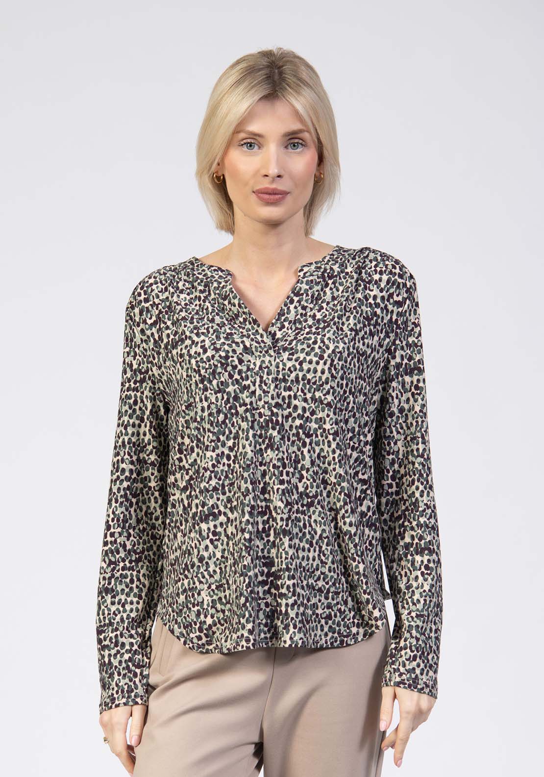 Tea Lane Notch Neck Leaf Print Blouse - Lt Teal 1 Shaws Department Stores