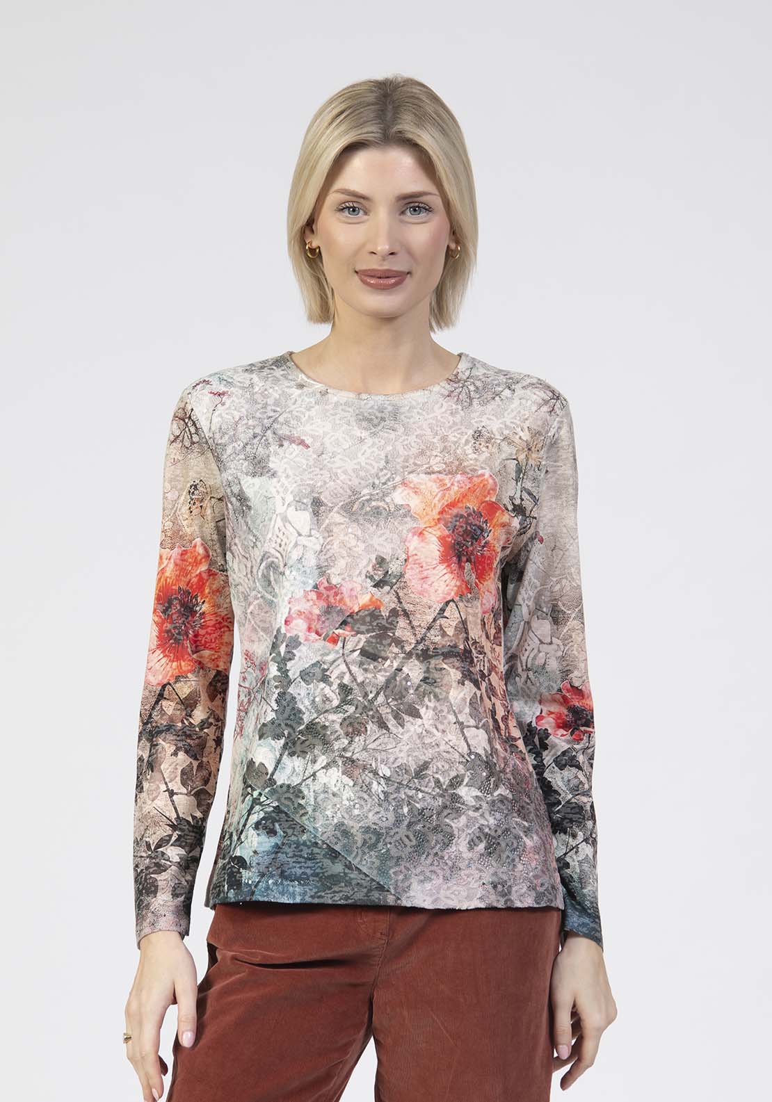 Tea Lane Long Sleeve Printed Poppy Top - Red 1 Shaws Department Stores