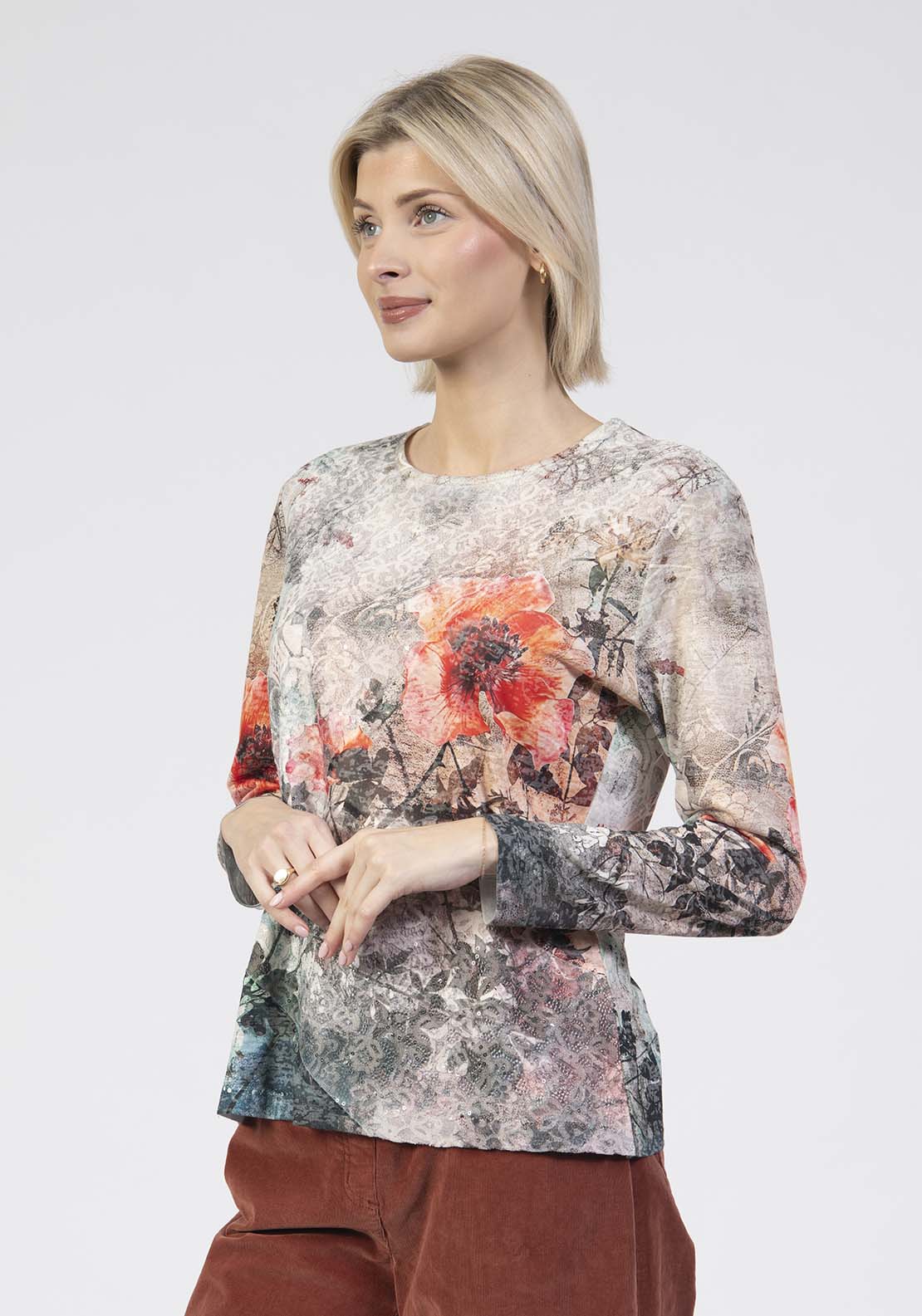 Tea Lane Long Sleeve Printed Poppy Top - Red 3 Shaws Department Stores