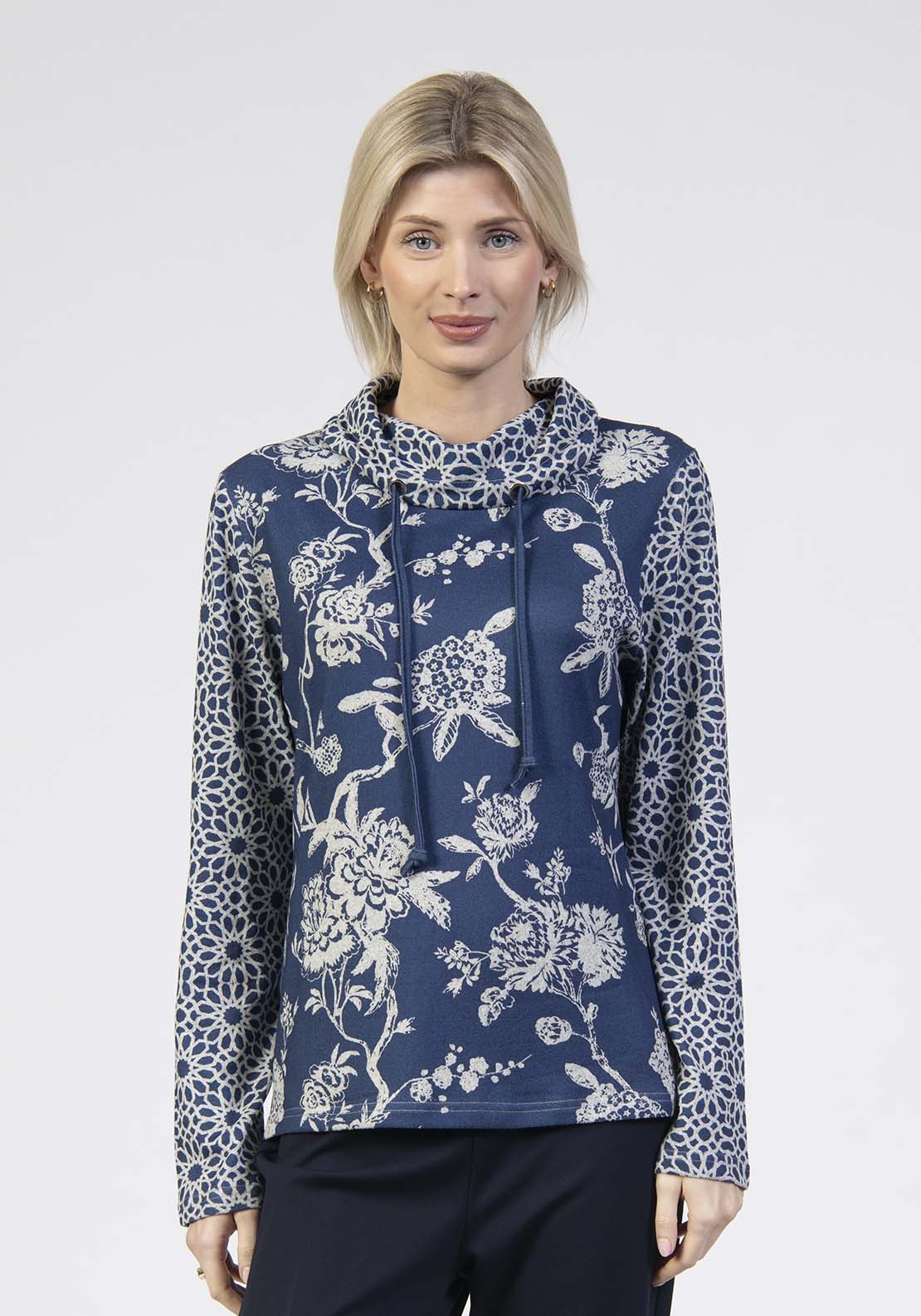 Printed Cowl Neck Top - Blue