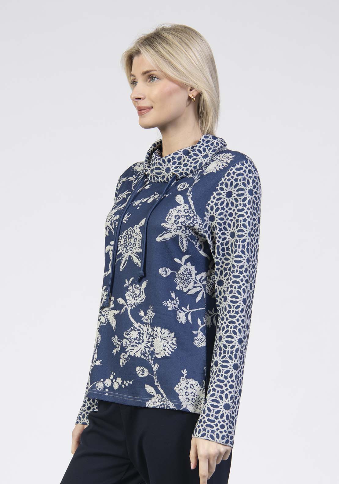Printed Cowl Neck Top - Blue