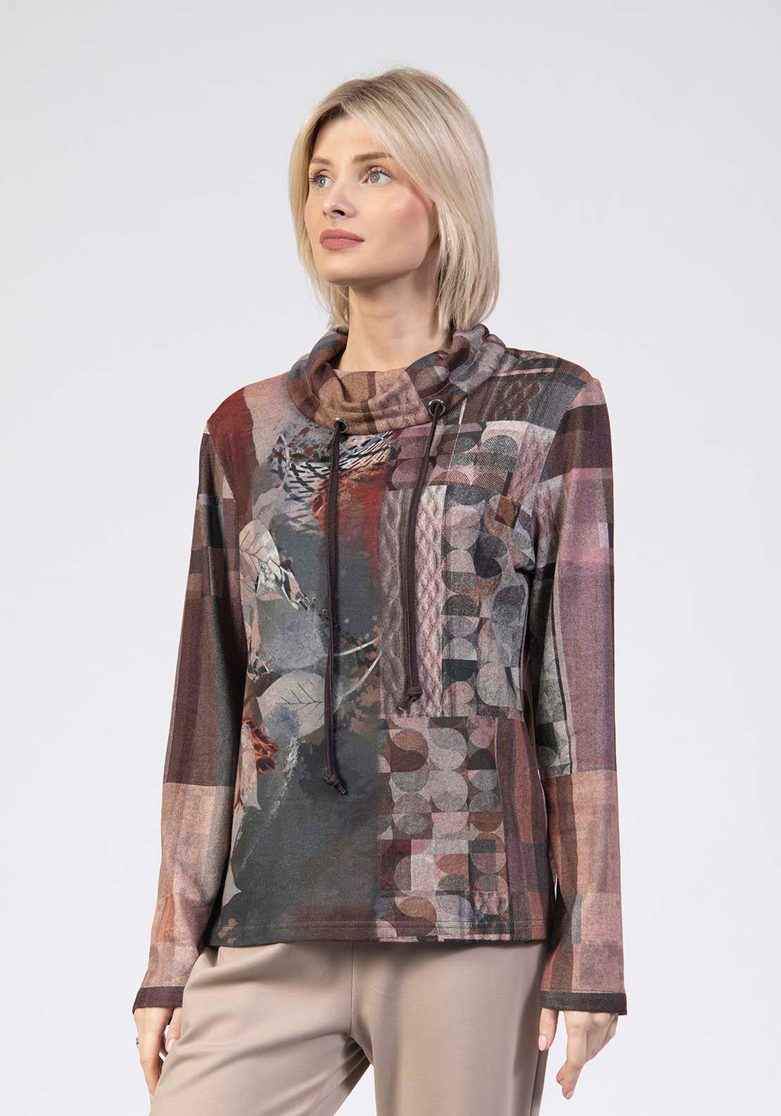 Printed Cowl Neck Top - Brown