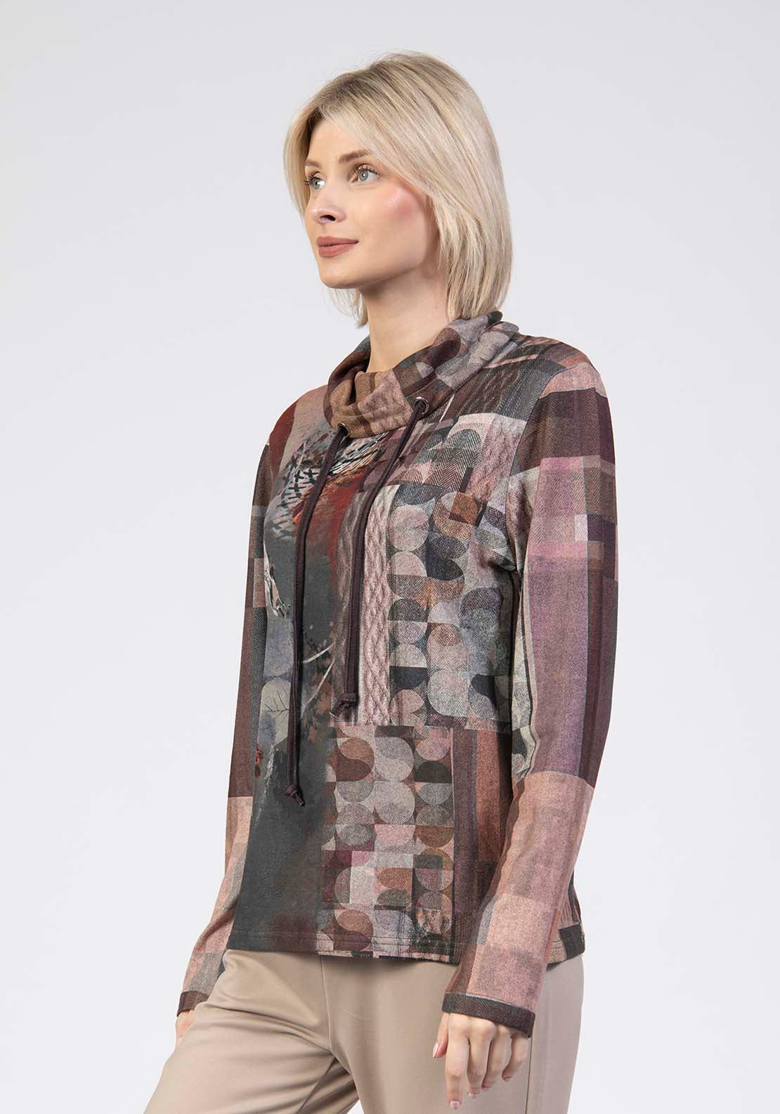 Printed Cowl Neck Top - Brown