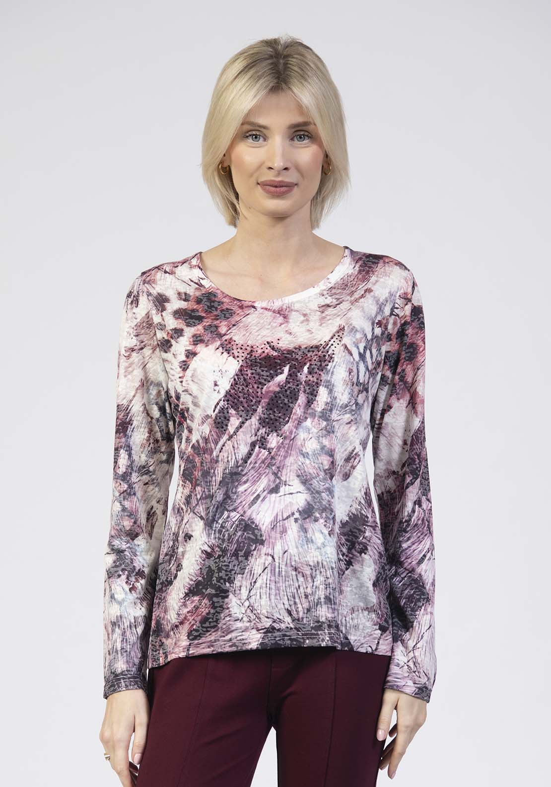 Tea Lane Long Sleeve Printed Animal Clash Top - Purple 1 Shaws Department Stores