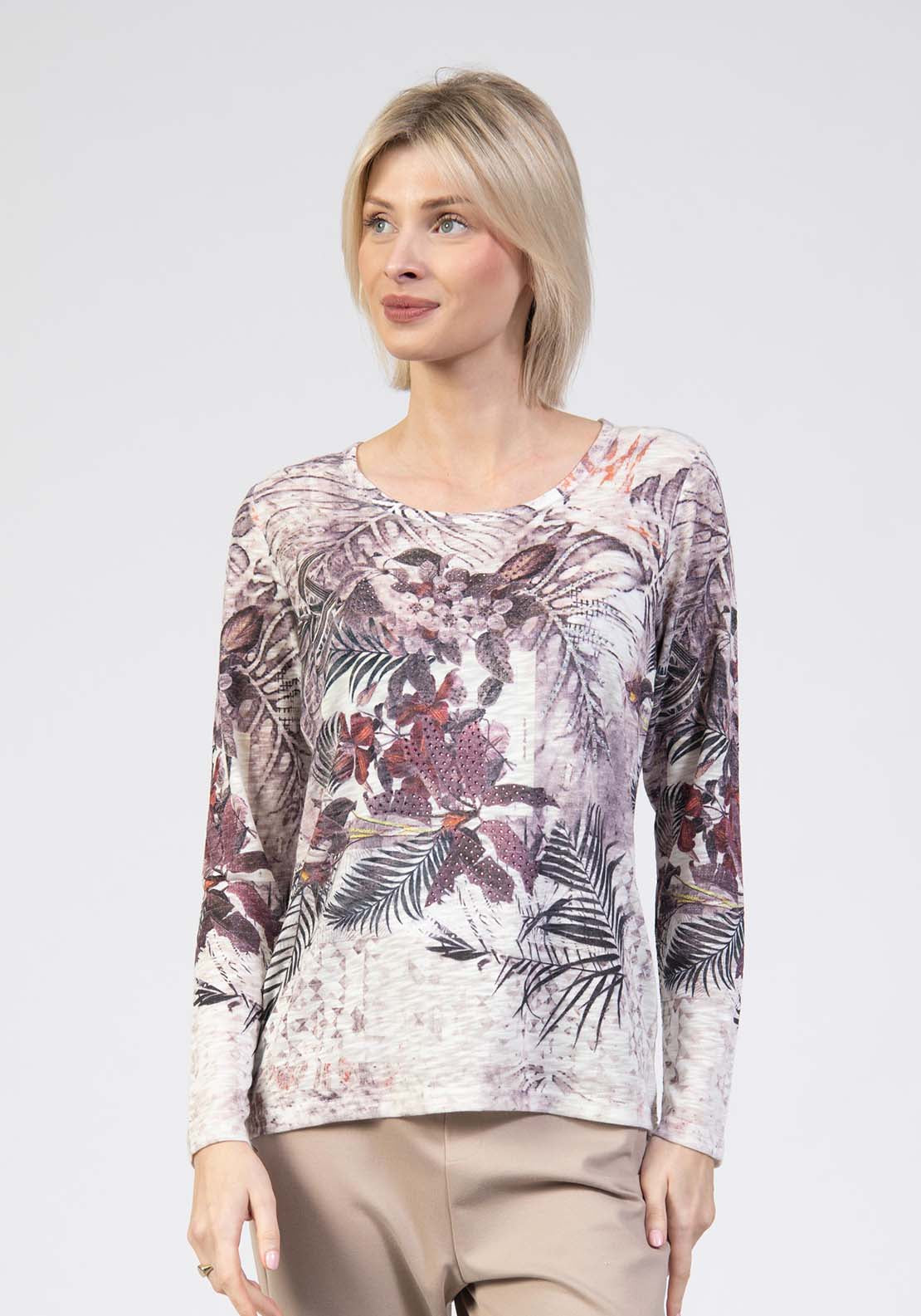 Tea Lane Long Sleeve Printed Clash Print Top - Purple 1 Shaws Department Stores