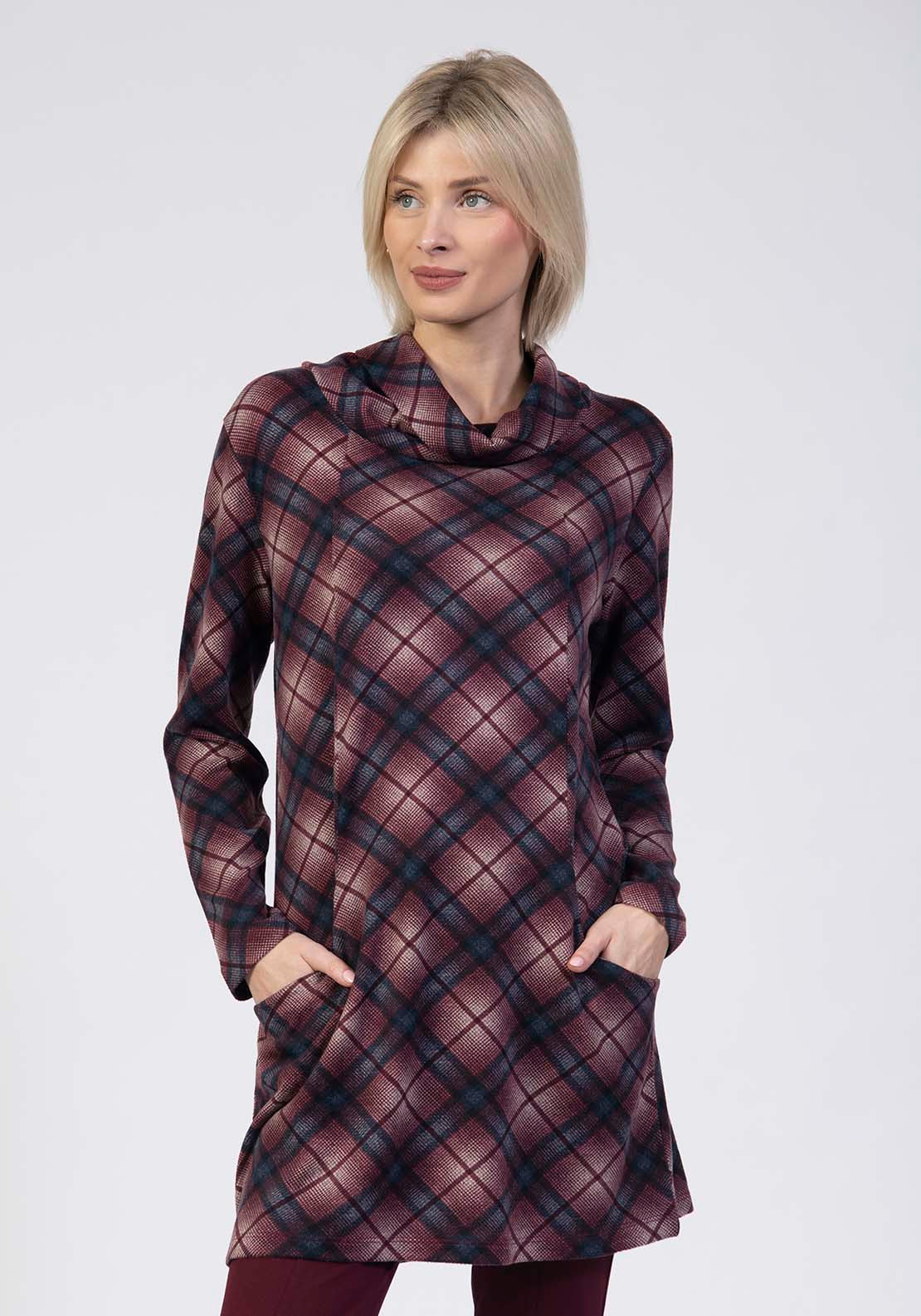Tea Lane Jersey Cowl Neck Check Dress - Wine 3 Shaws Department Stores