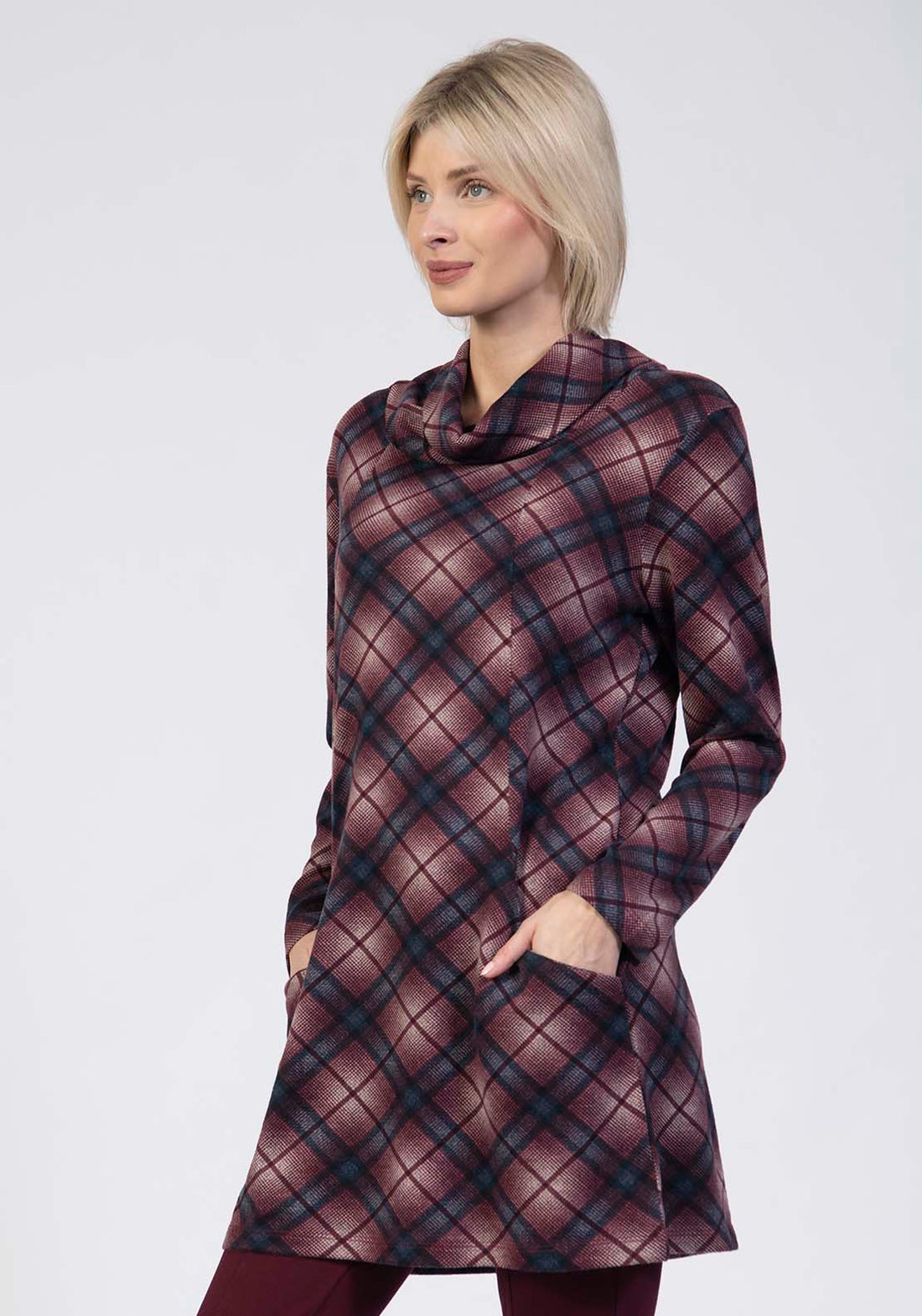 Jersey Cowl Neck Check Dress - Wine Shaws Jersey Cowl Neck Check Dress - Wine Shaws