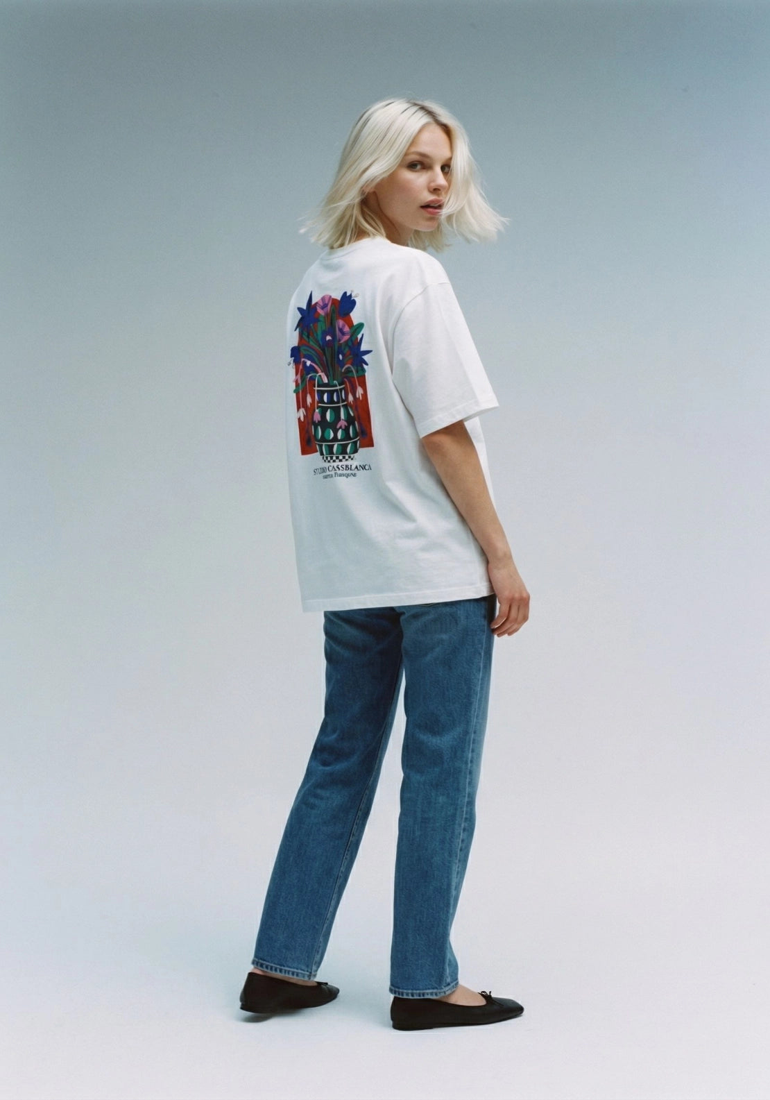 Premium Boxy Printed Short Sleeve Top - Bright White/studio Vase