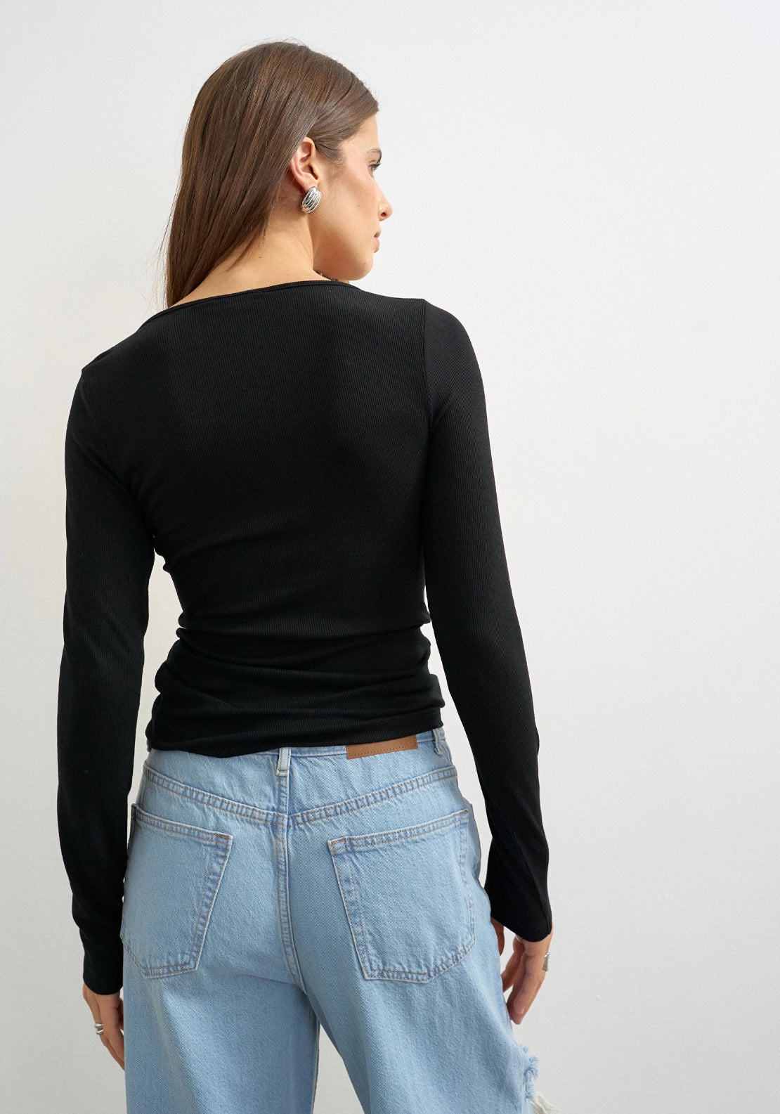Caia V-Neck Long Sleeve Henley Top - Jet Black