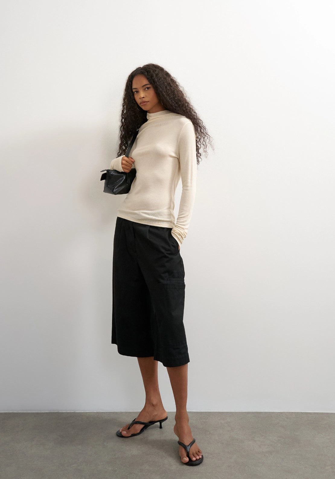Came Ribbed High Neck Long Sleeve Top - White