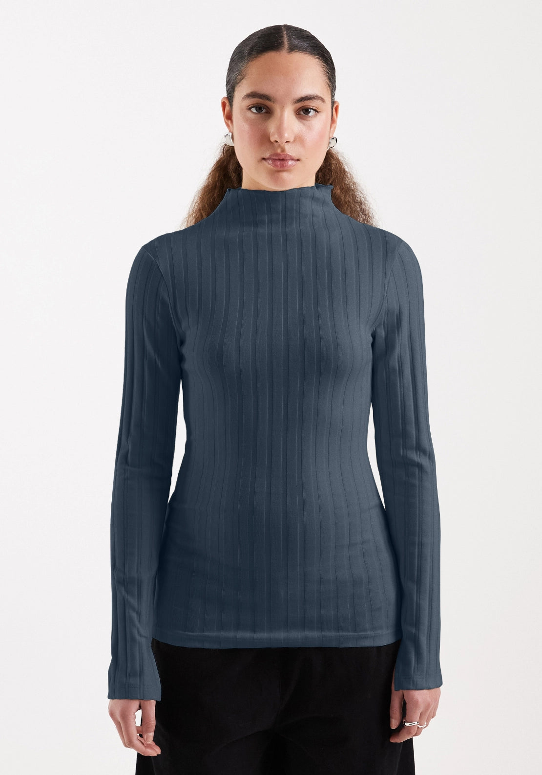 Came Ribbed High Neck Long Sleeve Top - Midnight Navy