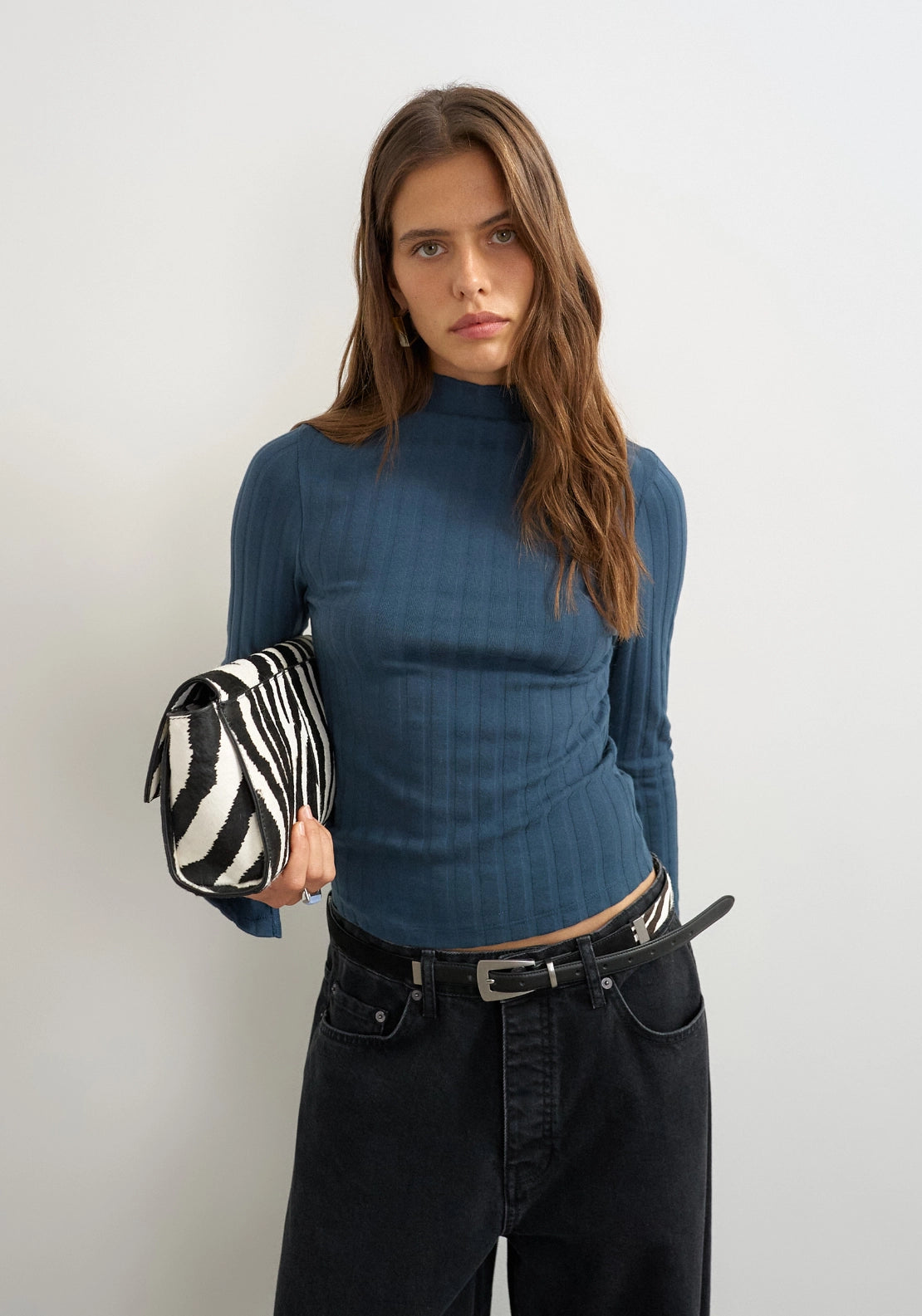 Came Ribbed High Neck Long Sleeve Top - Midnight Navy