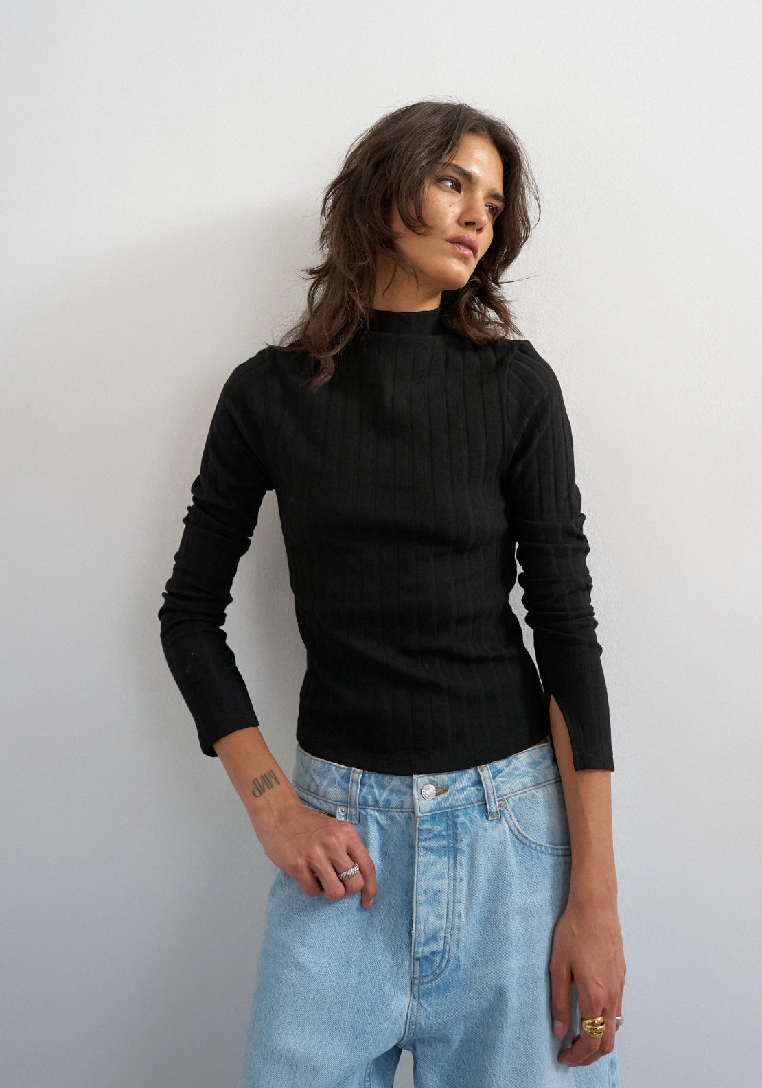 Came Ribbed High Neck Long Sleeve Top - Jet Black