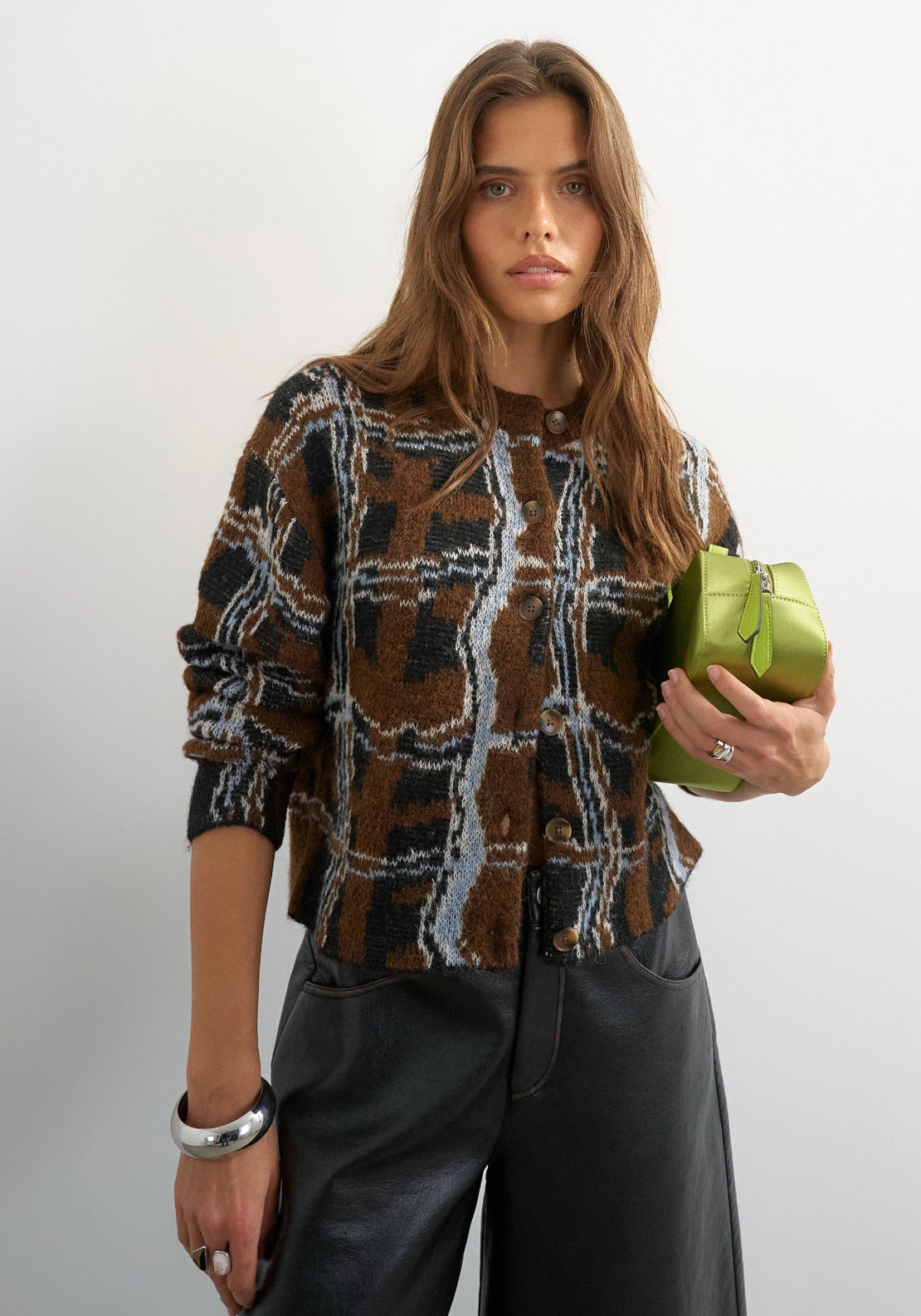 Dora Abstract Check Cardigan - Carob Brown