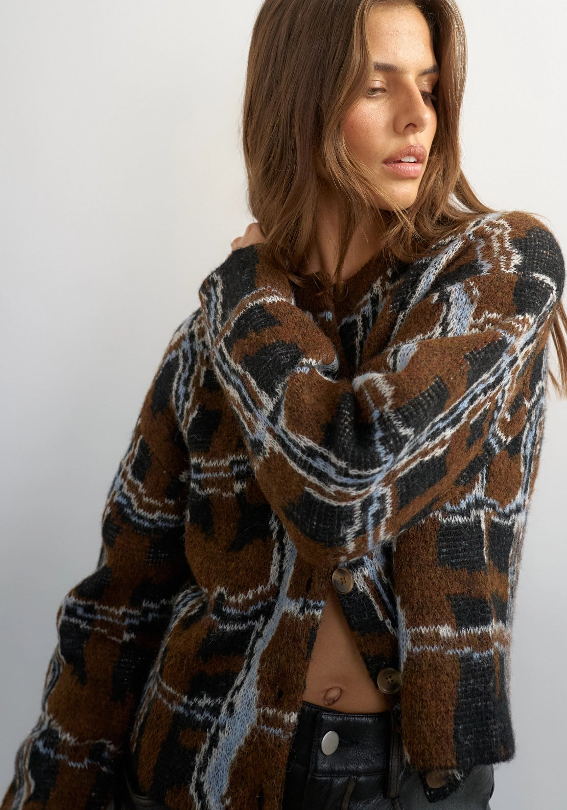Dora Abstract Check Cardigan - Carob Brown