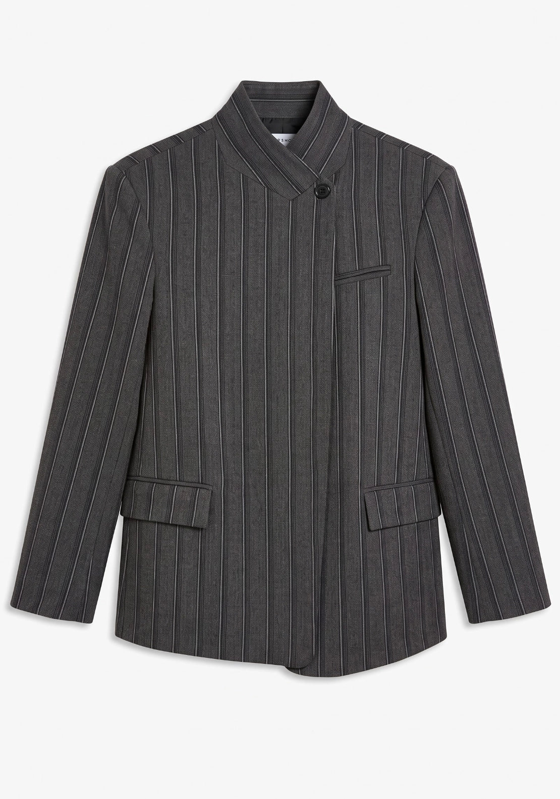 Alaz Pinstripe High Neck Blazer - Grey