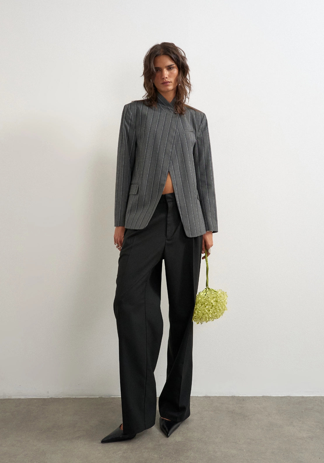 Alaz Pinstripe High Neck Blazer - Grey