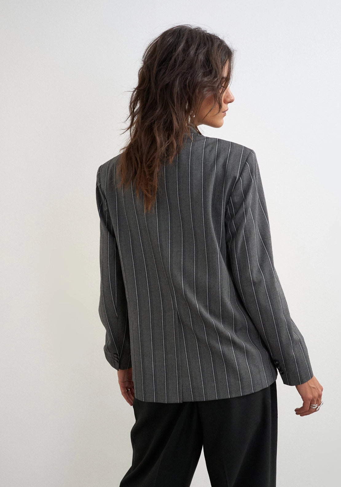 Alaz Pinstripe High Neck Blazer - Grey