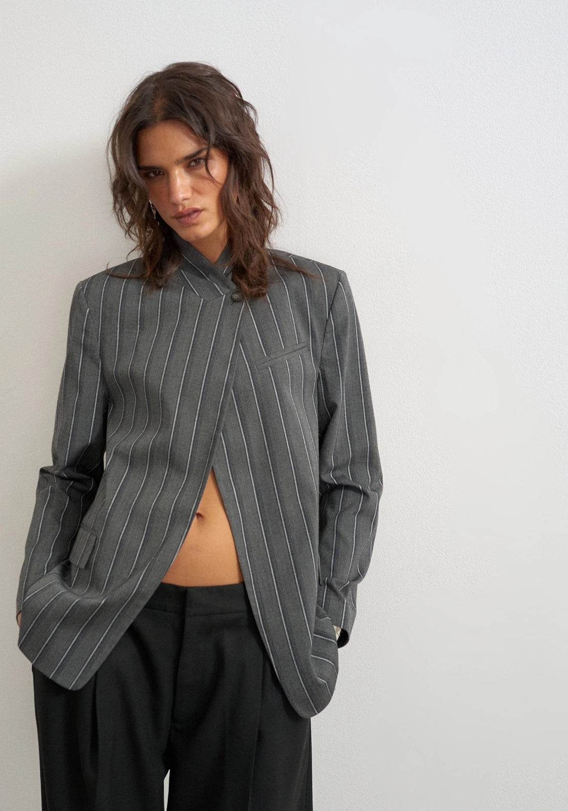 Alaz Pinstripe High Neck Blazer - Grey