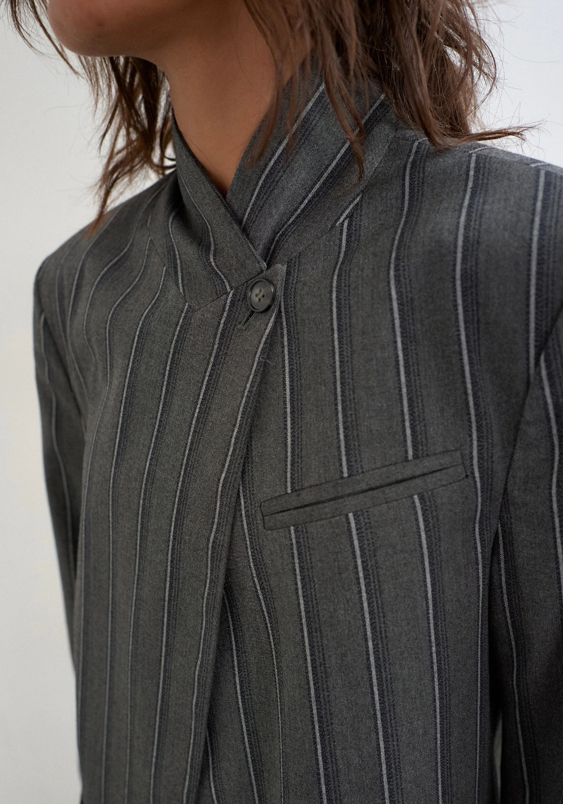 Alaz Pinstripe High Neck Blazer - Grey