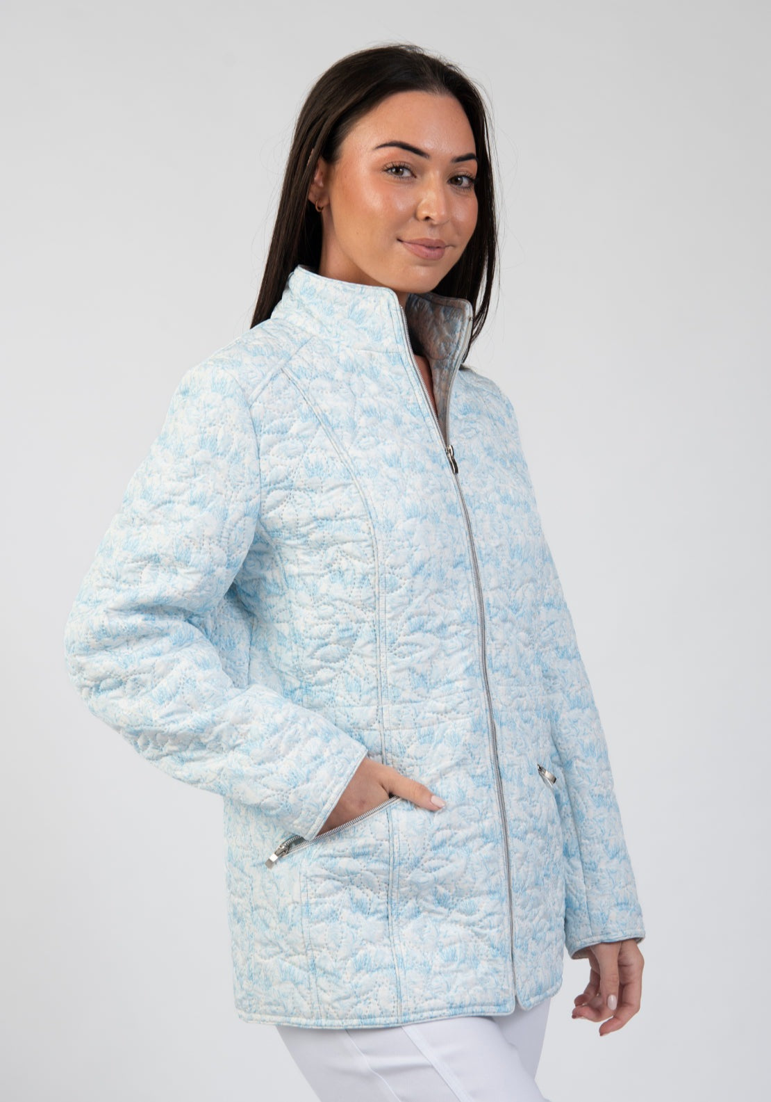 Tea Lane Embossed Leaf Stitch Padded Jacket - Blue 3 Shaws Department Stores