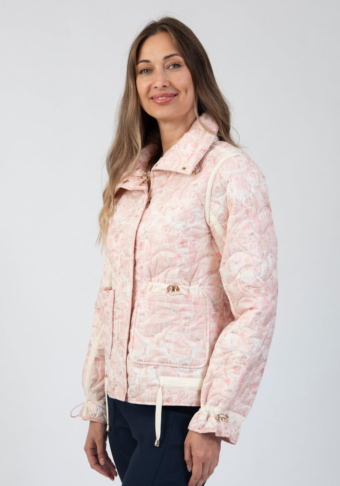 Tea Lane Printed Quilted Jacket With Drawstring Detail - Pink 3 Shaws Department Stores