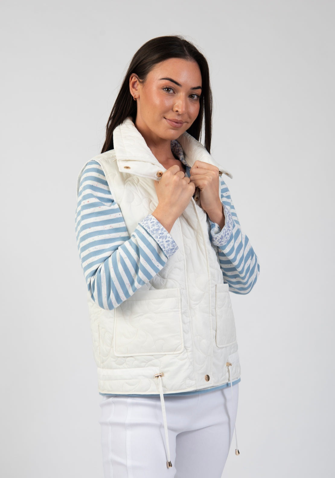 Tea Lane Quilted Gilet With Contrast Trim - Cream 3 Shaws Department Stores