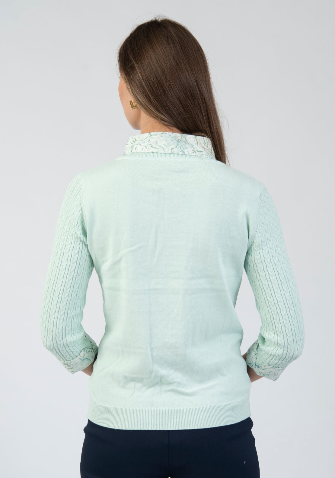Tea Lane Cable Knit Sweater With Floral Shirt Insert - Green 2 Shaws Department Stores
