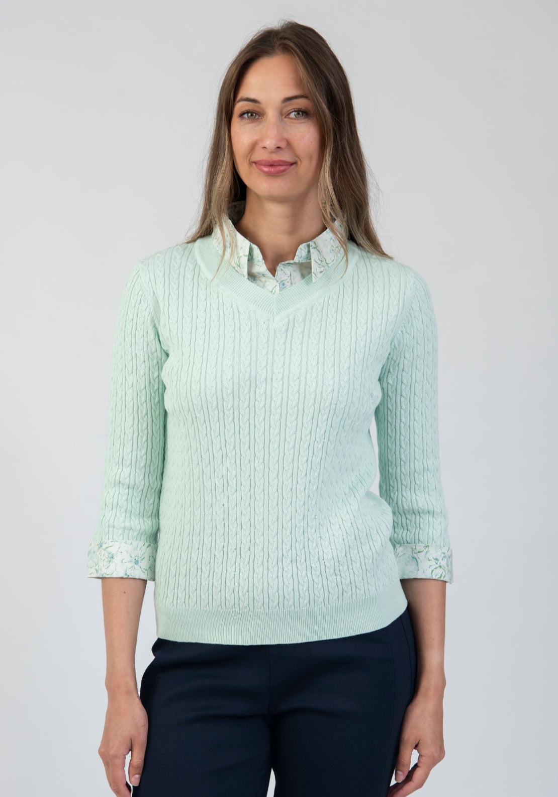Tea Lane Cable Knit Sweater With Floral Shirt Insert - Green 1 Shaws Department Stores
