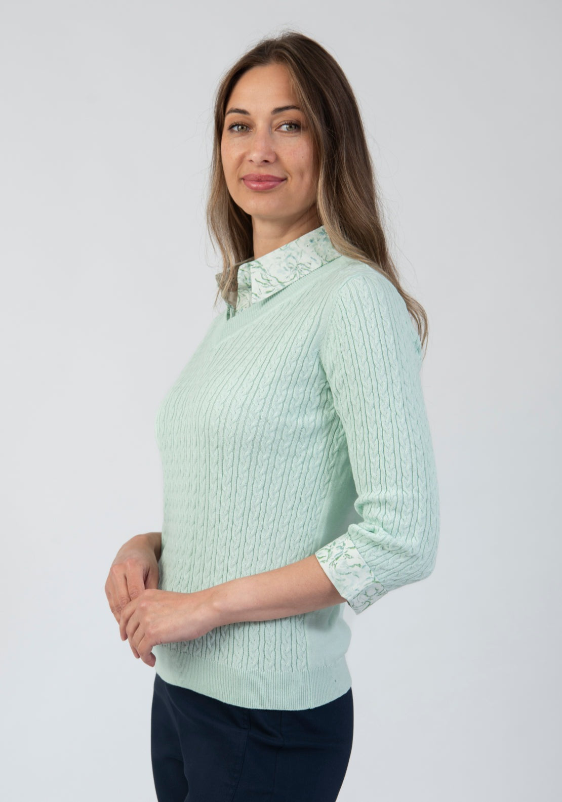 Tea Lane Cable Knit Sweater With Floral Shirt Insert - Green 3 Shaws Department Stores