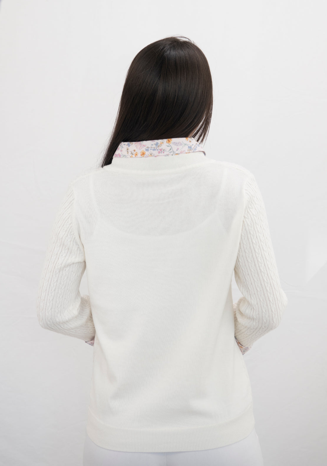 Tea Lane Cable Knit Sweater With Floral Shirt Insert - Cream 2 Shaws Department Stores