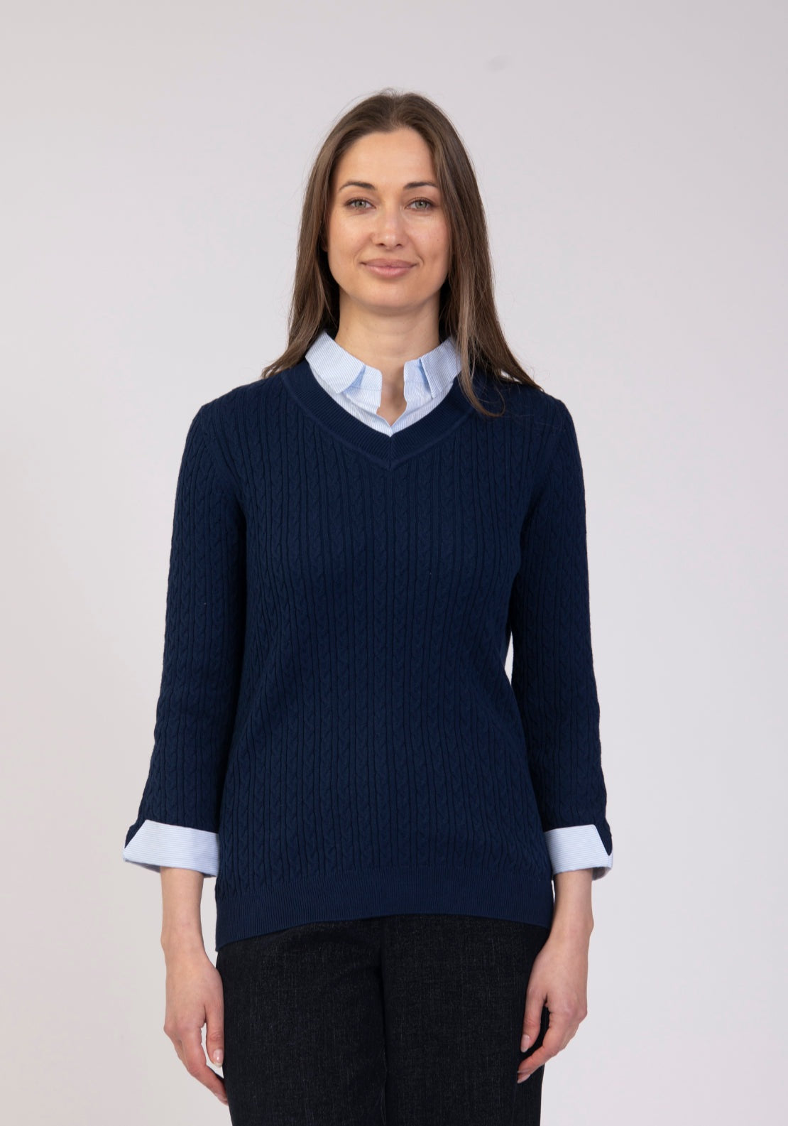 Tea Lane Cable Knit Sweater With Pinstripe Shirt Insert - Blue 1 Shaws Department Stores