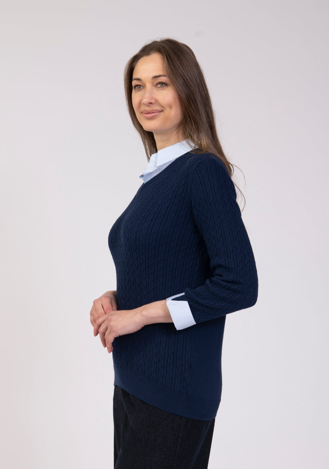 Tea Lane Cable Knit Sweater With Pinstripe Shirt Insert - Blue 2 Shaws Department Stores