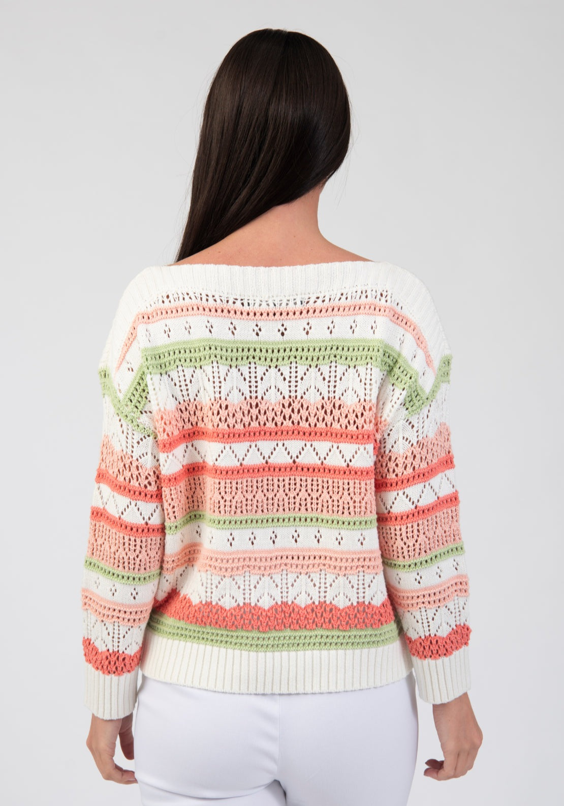 Tea Lane Geometric Openwork Stripe Sweater - Orange 2 Shaws Department Stores