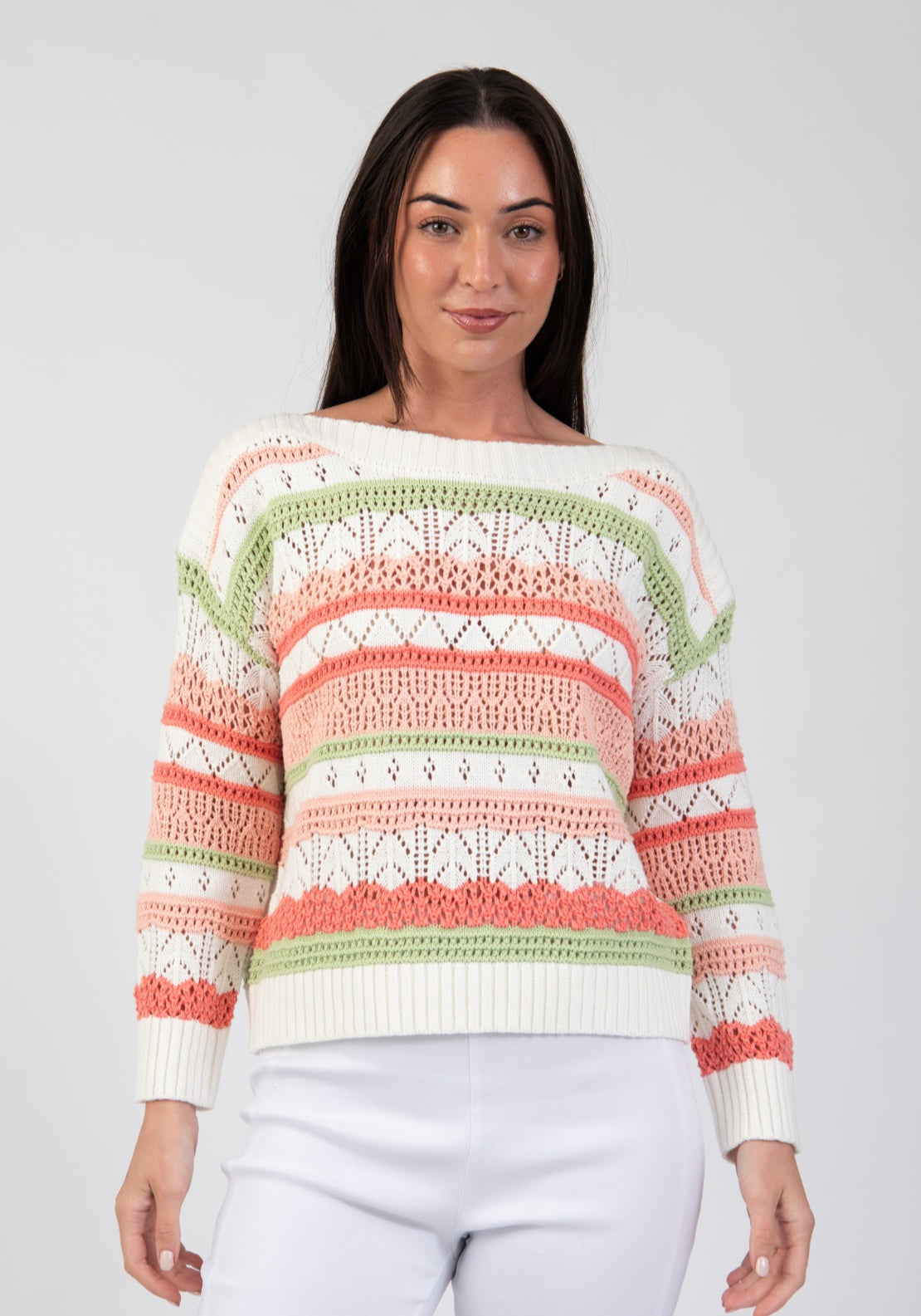 Tea Lane Geometric Openwork Stripe Sweater - Orange 1 Shaws Department Stores