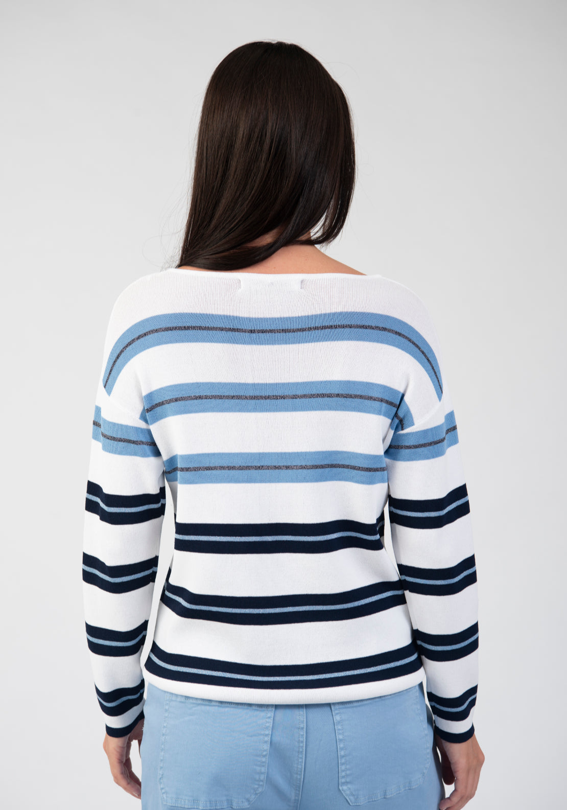 Tea Lane Stripe Shiny Lightweight Knit Sweater - Blue 2 Shaws Department Stores