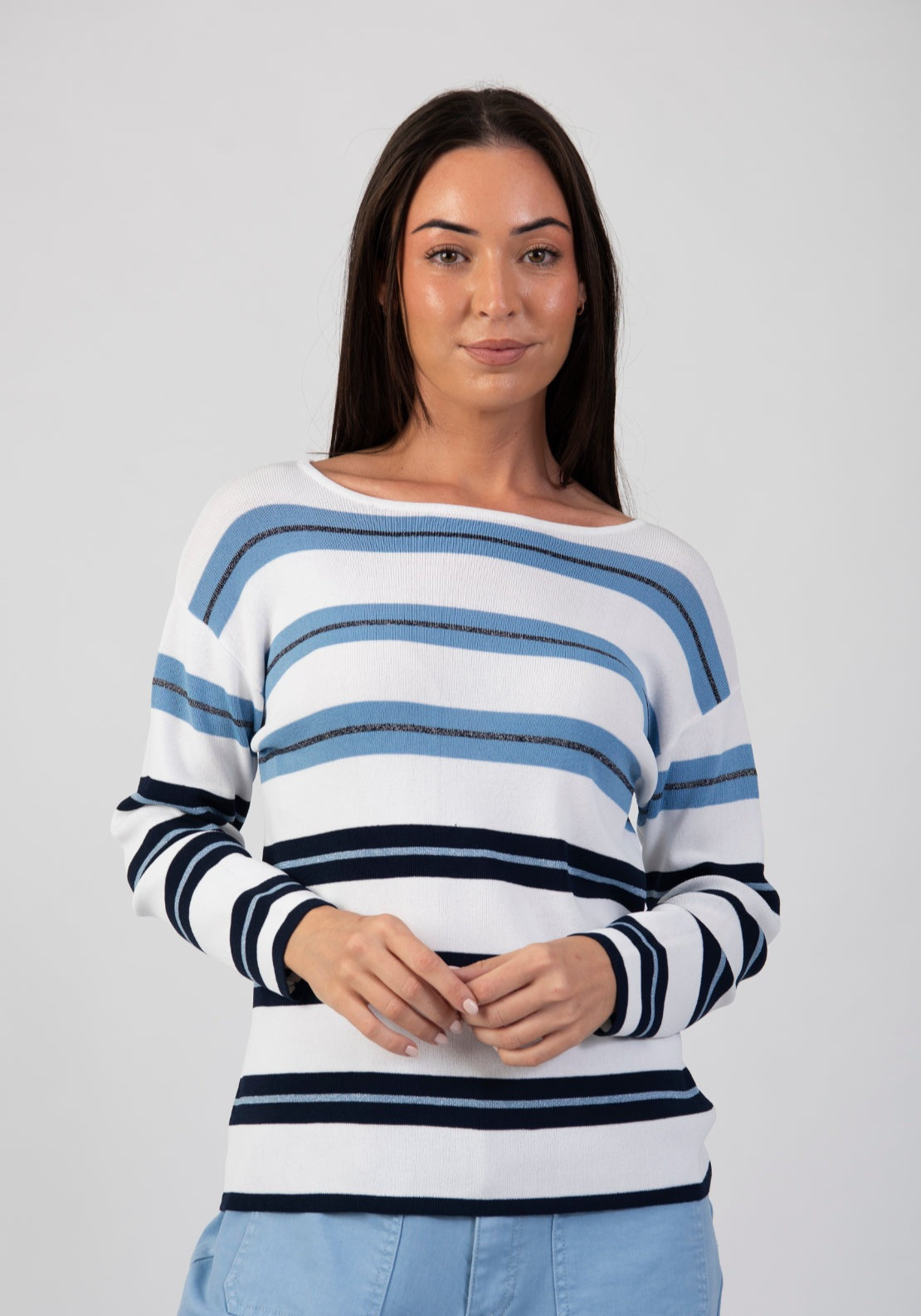 Tea Lane Stripe Shiny Lightweight Knit Sweater - Blue 1 Shaws Department Stores