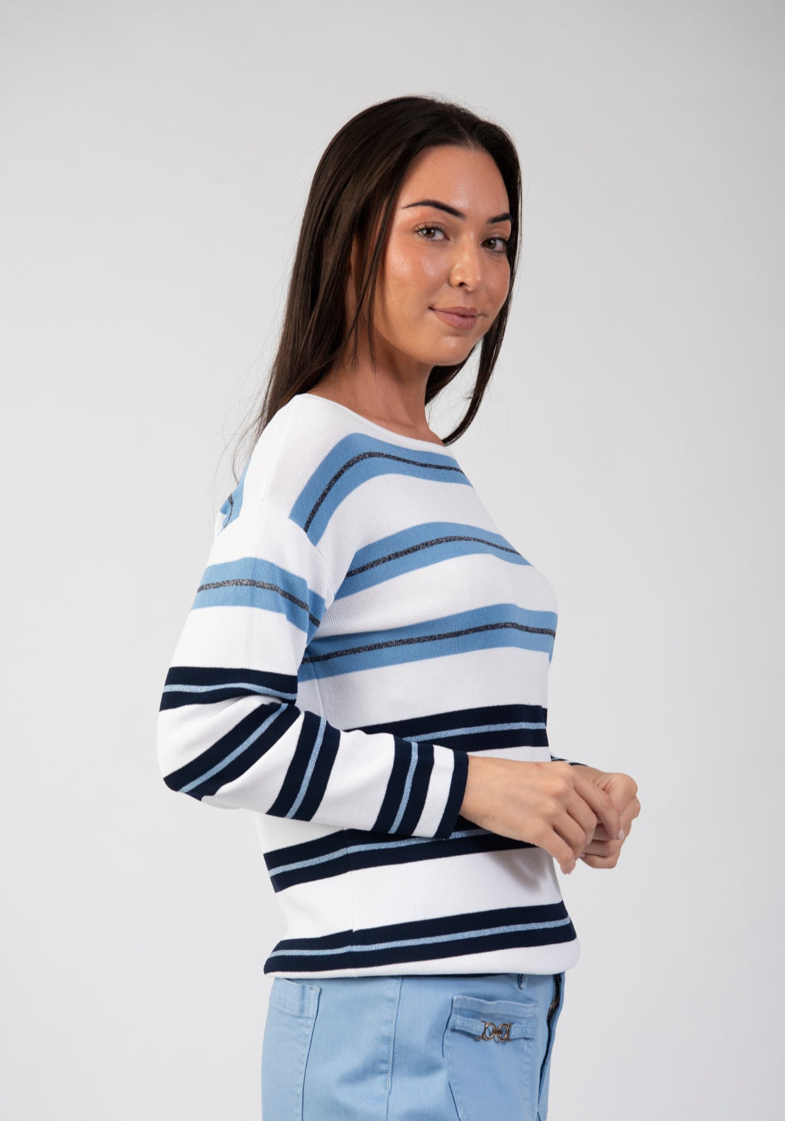 Tea Lane Stripe Shiny Lightweight Knit Sweater - Blue 3 Shaws Department Stores
