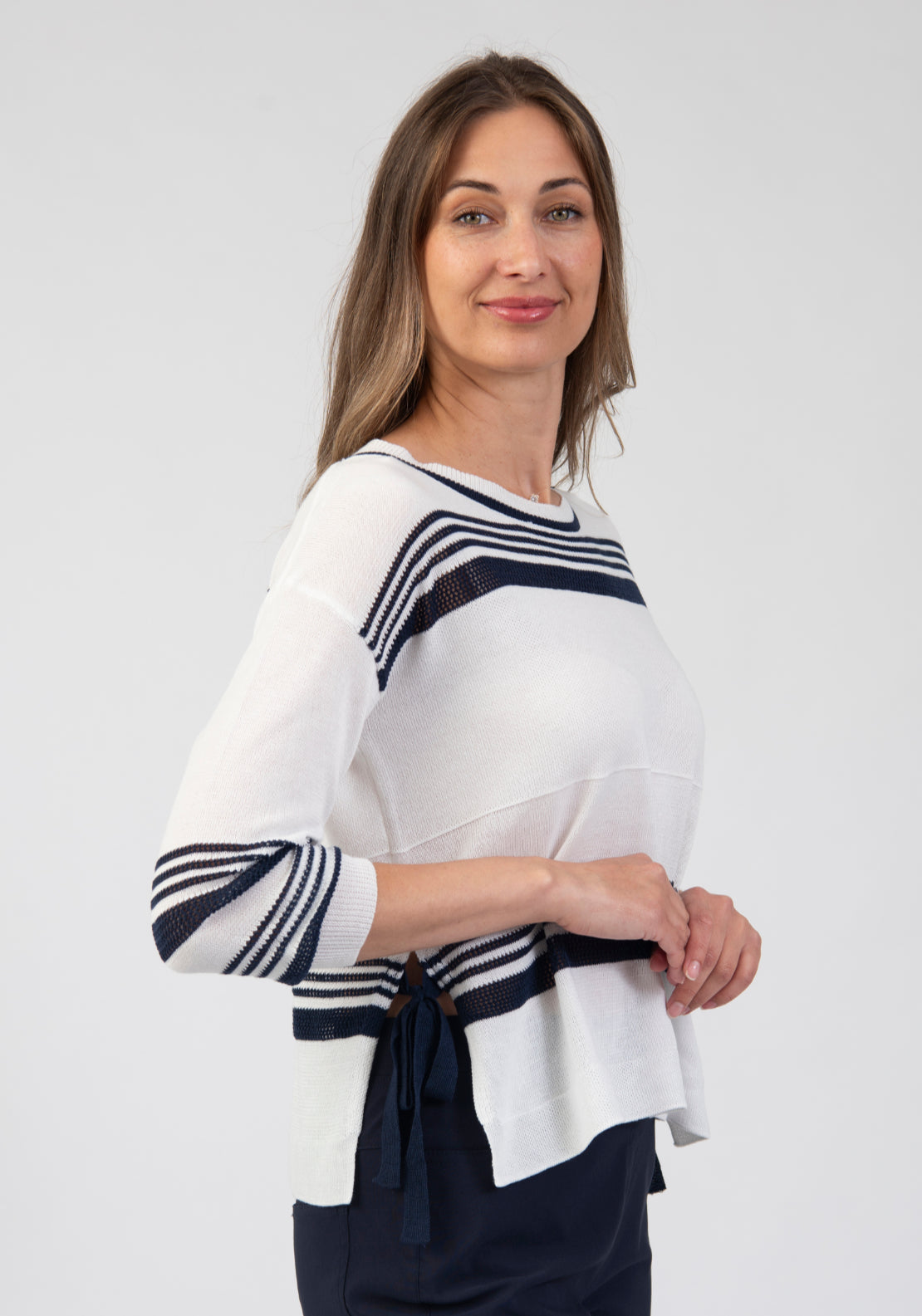 Tea Lane Long Sleeve Stripe Knit Sweater - Blue 3 Shaws Department Stores
