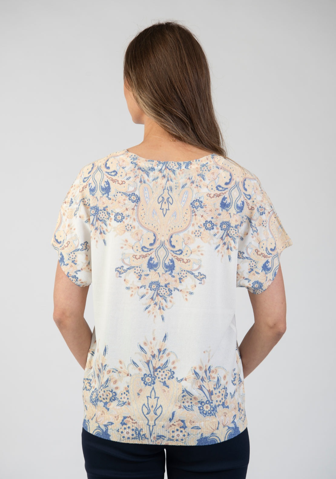 Tea Lane Baroque Print Short Sleeve Knit Top - Blue 2 Shaws Department Stores