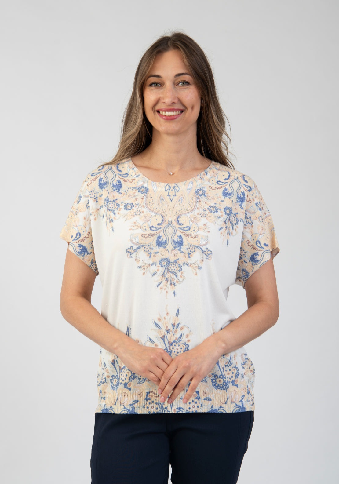 Tea Lane Baroque Print Short Sleeve Knit Top - Blue 1 Shaws Department Stores