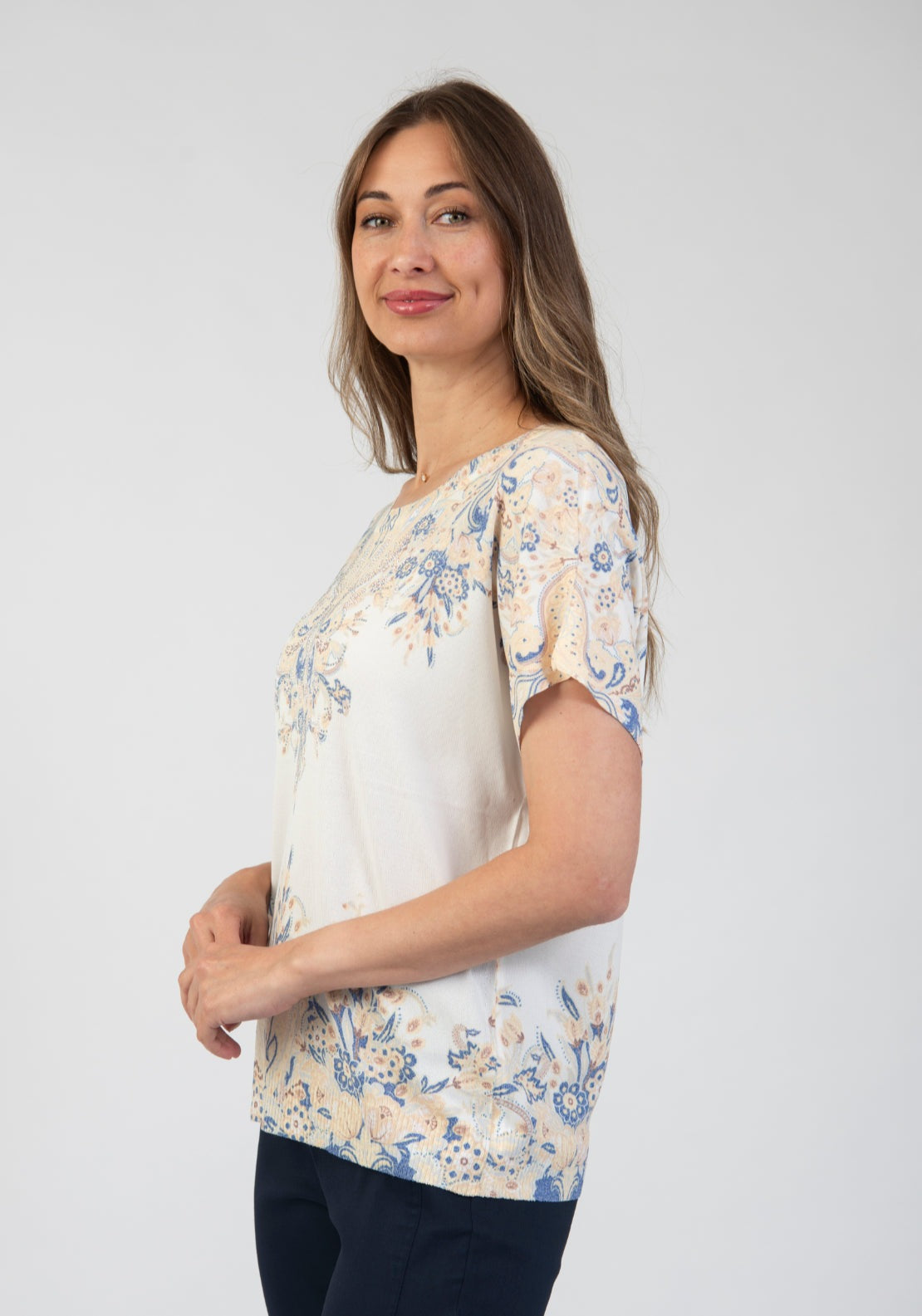 Tea Lane Baroque Print Short Sleeve Knit Top - Blue 3 Shaws Department Stores