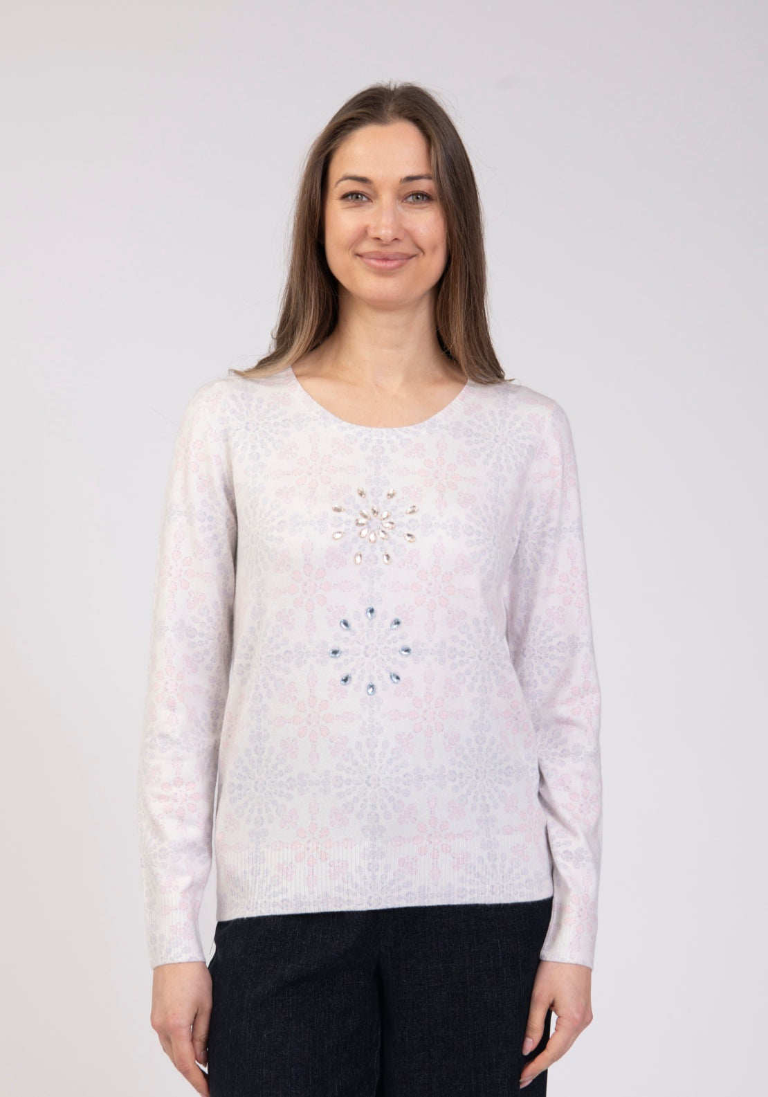 Tea Lane Printed Long Sleeve Knit Top With Embellished Motif - Green 1 Shaws Department Stores
