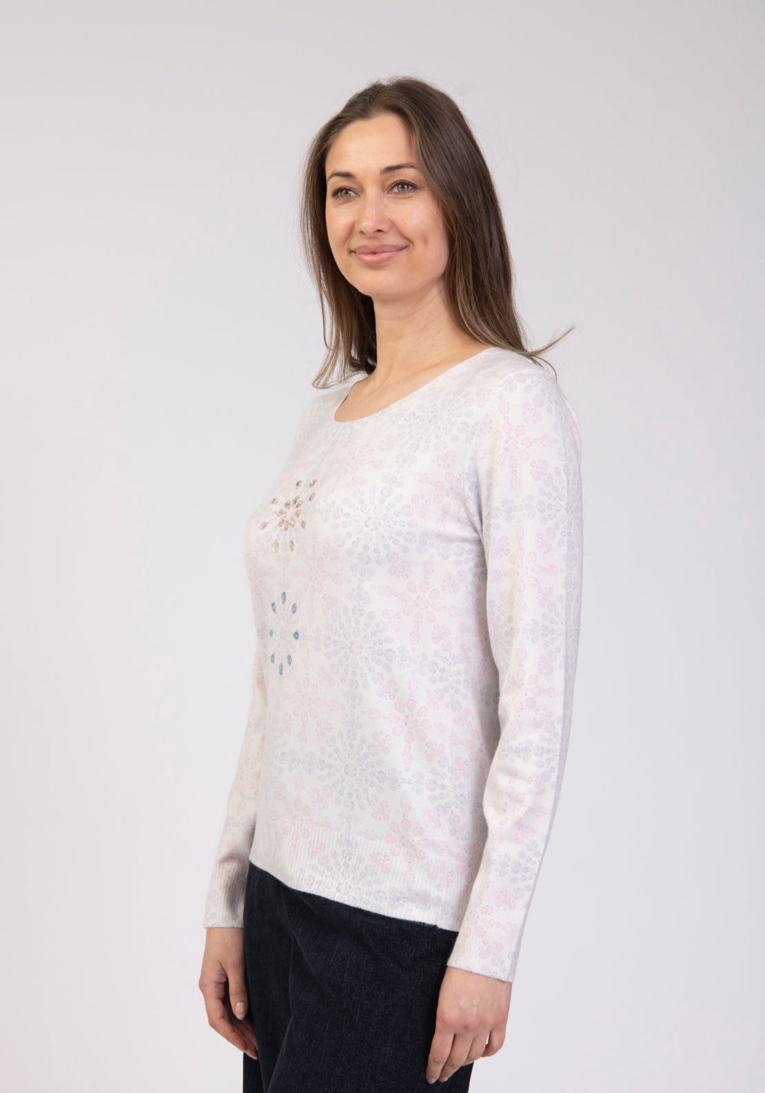 Tea Lane Printed Long Sleeve Knit Top With Embellished Motif - Green 2 Shaws Department Stores
