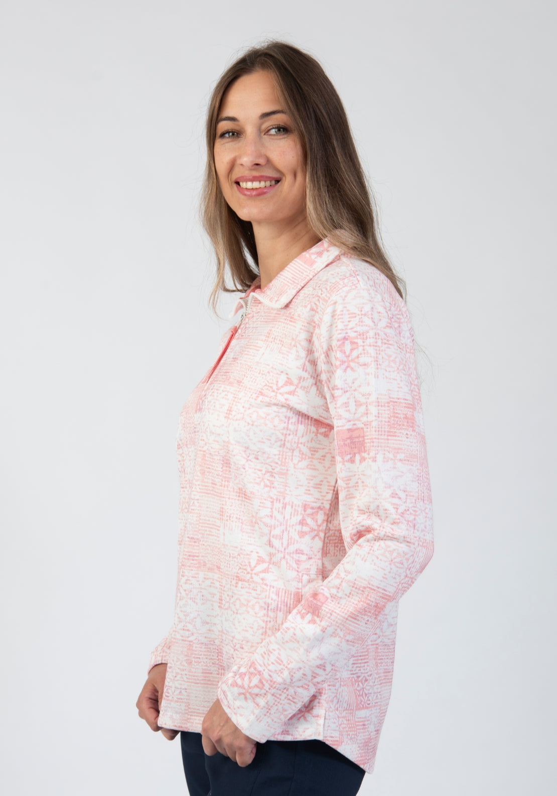 Tea Lane Abstract Floral Half Zip Top - Pink 3 Shaws Department Stores