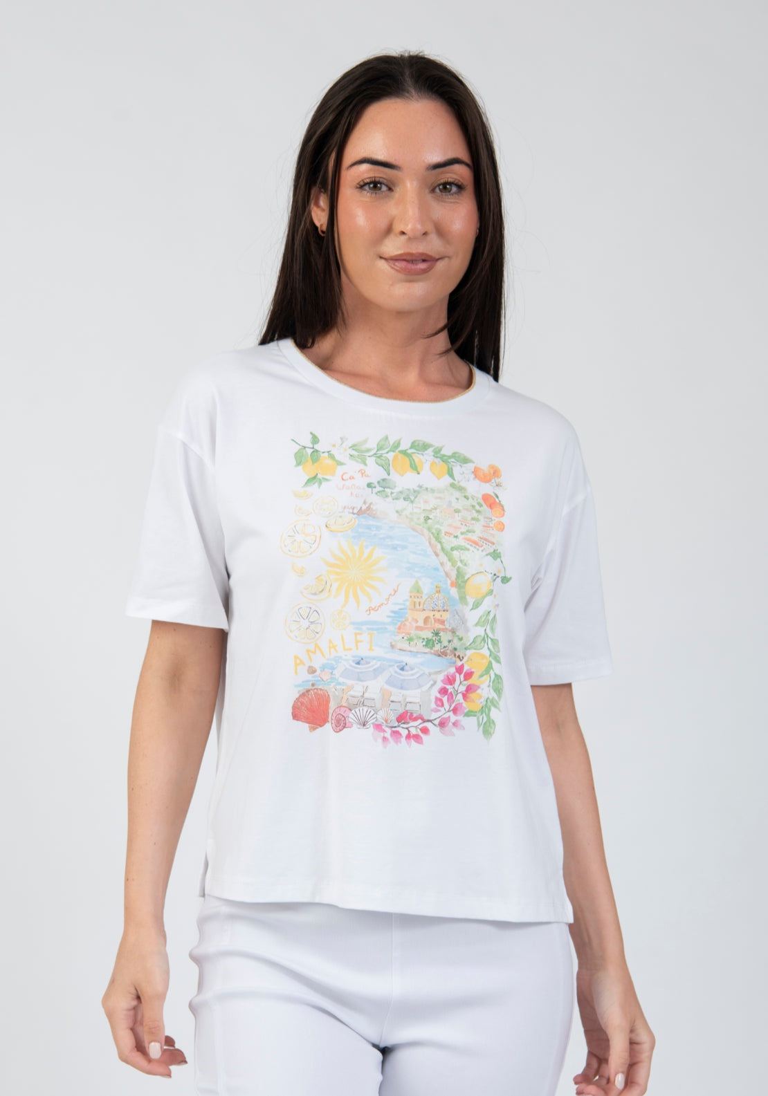 Tea Lane Summer Amalfi Print T Shirt With Shiny Neckline - White 1 Shaws Department Stores