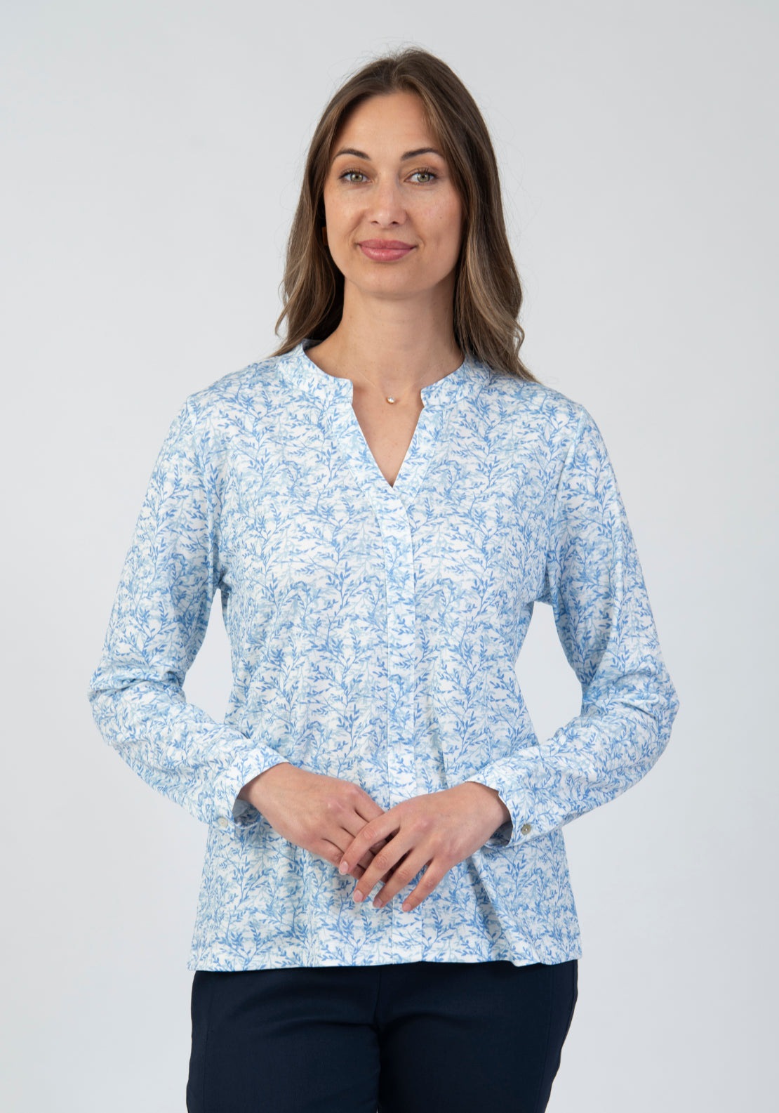 Tea Lane Floral Print Notch Neck Blouse - Blue 1 Shaws Department Stores