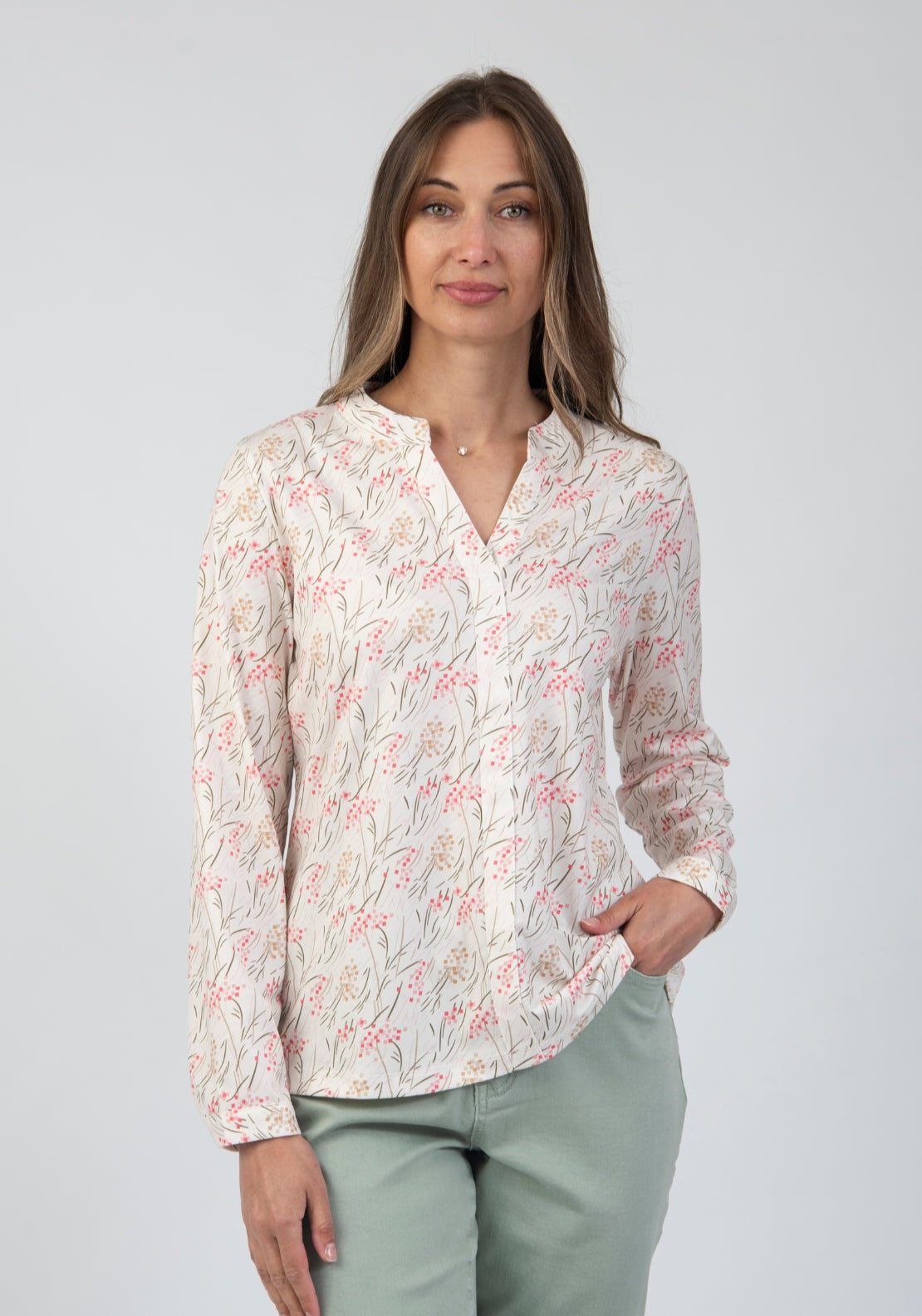 Tea Lane Floral Print Notch Neck Blouse - Beige 1 Shaws Department Stores