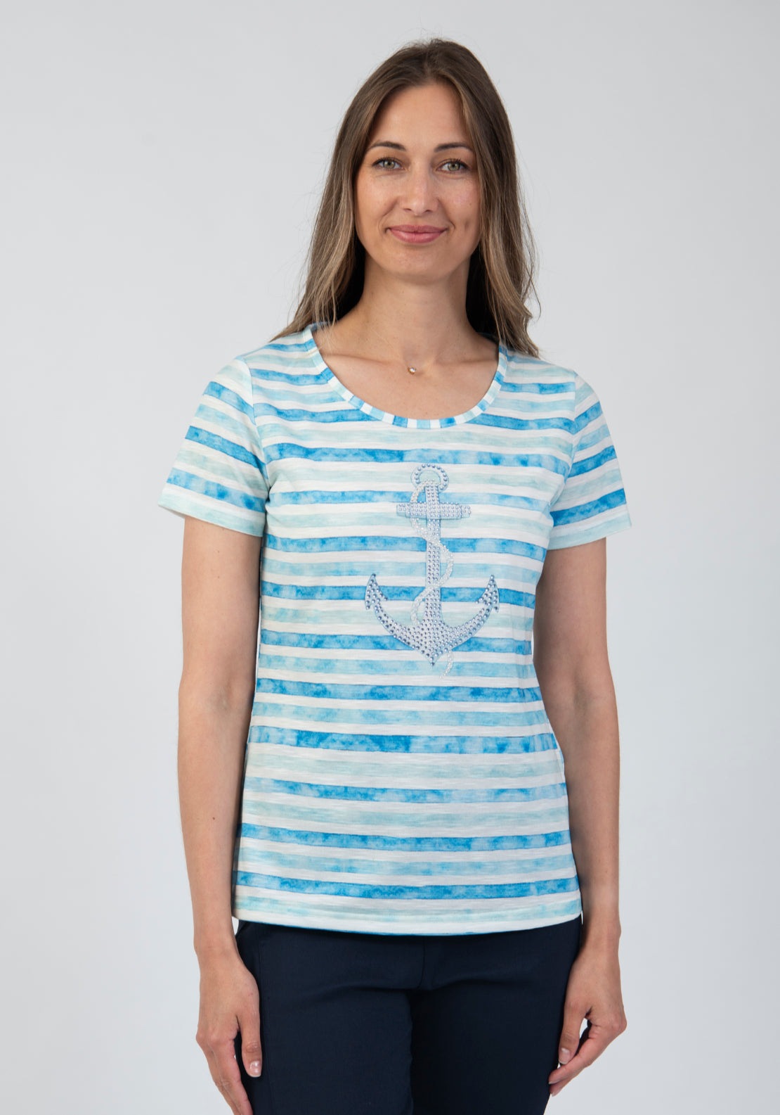 Tea Lane Nautical Stripe Anchor Gemstone T Shirt - Blue 1 Shaws Department Stores